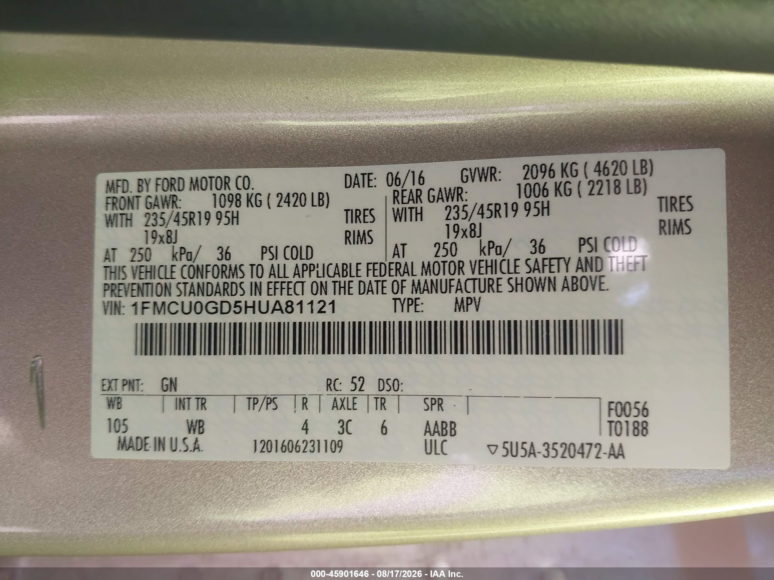 2017 Ford Escape Se Gold vin: 1FMCU0GD5HUA81121