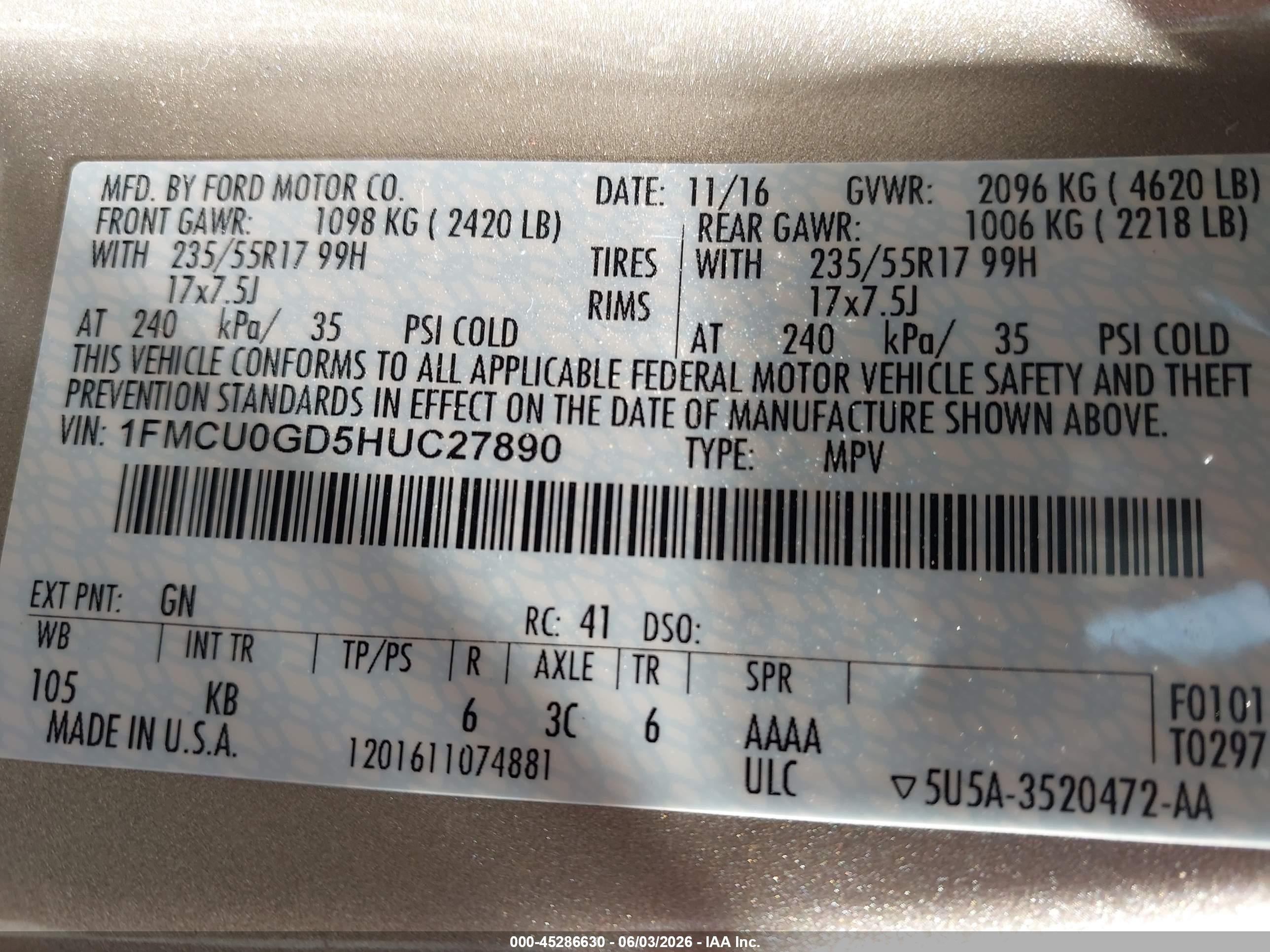 2017 Ford Escape Se Gold vin: 1FMCU0GD5HUC27890