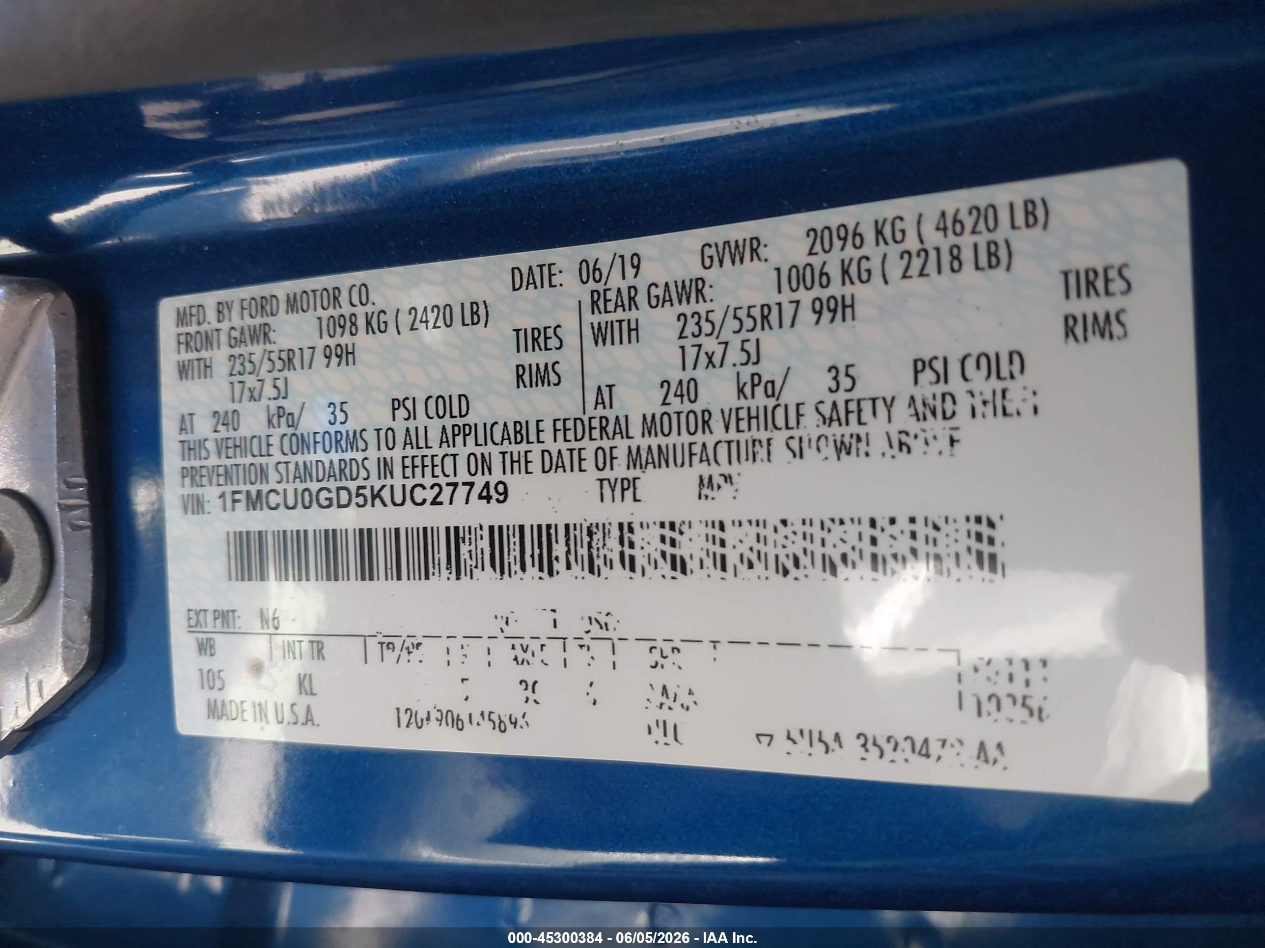 2019 Ford Escape Se Blue vin: 1FMCU0GD5KUC27749