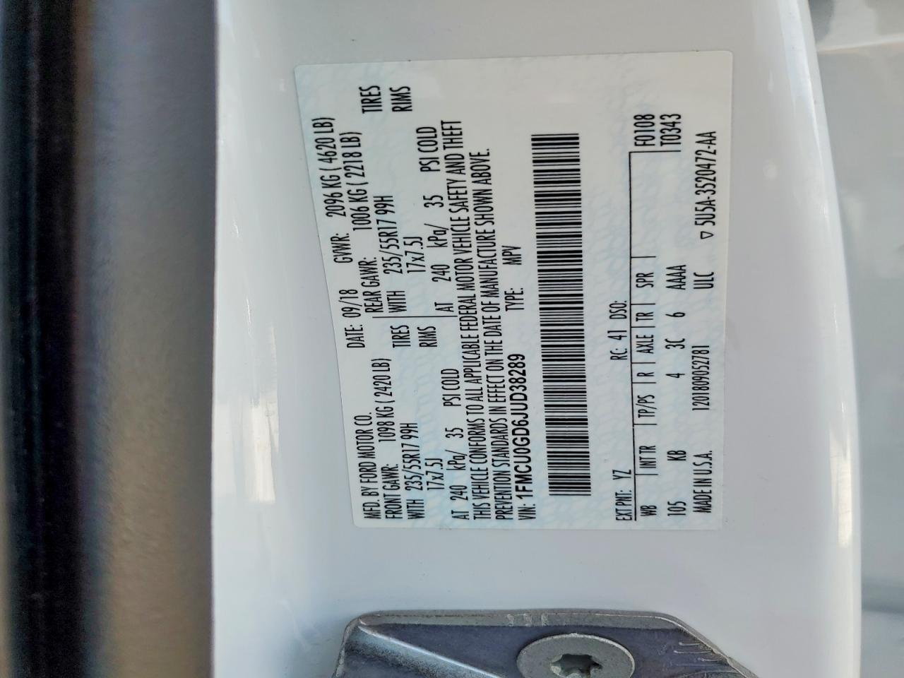 2018 Ford Escape Se White vin: 1FMCU0GD6JUD38289