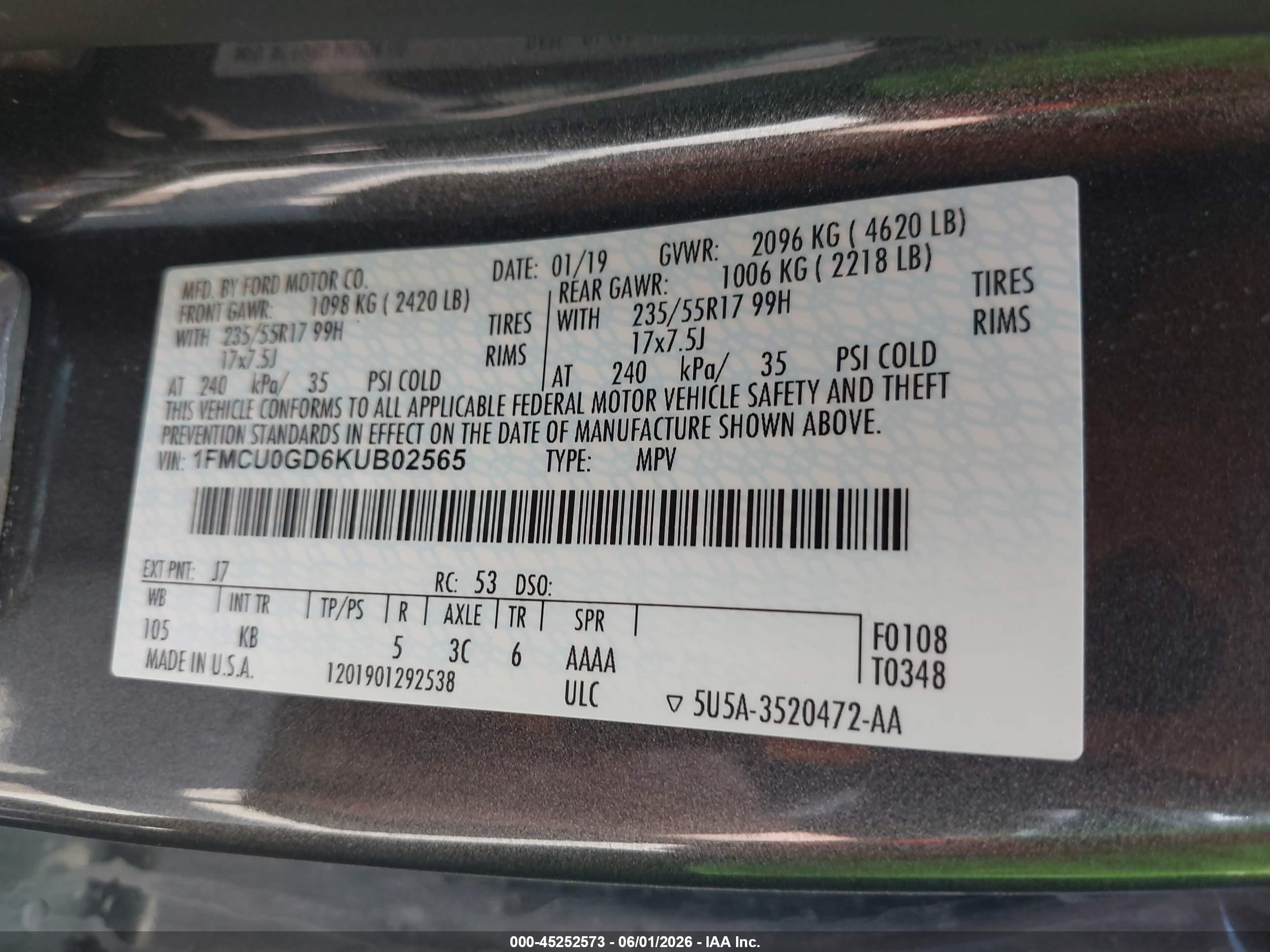 2019 Ford Escape Se Gray vin: 1FMCU0GD6KUB02565