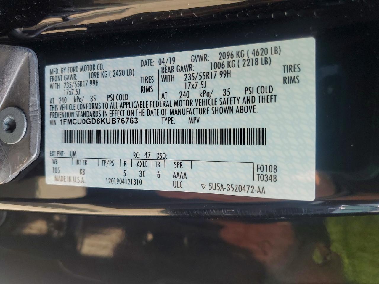 2019 Ford Escape Se Black vin: 1FMCU0GD6KUB76763
