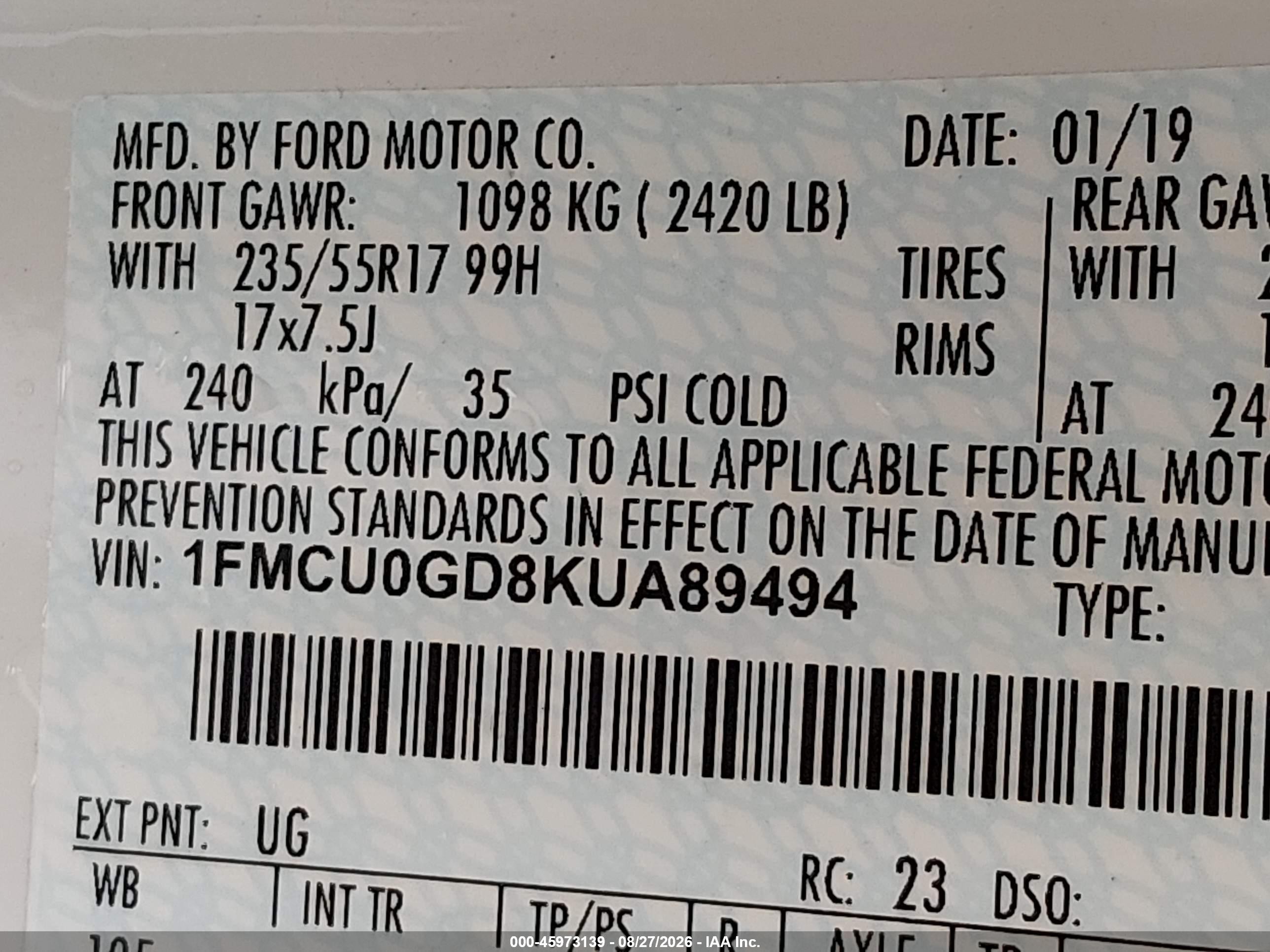 2019 Ford Escape Se White vin: 1FMCU0GD8KUA89494