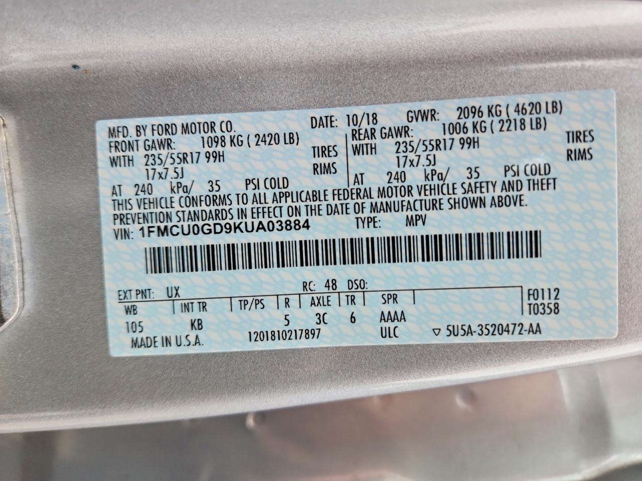 2019 Ford Escape Se Silver vin: 1FMCU0GD9KUA03884