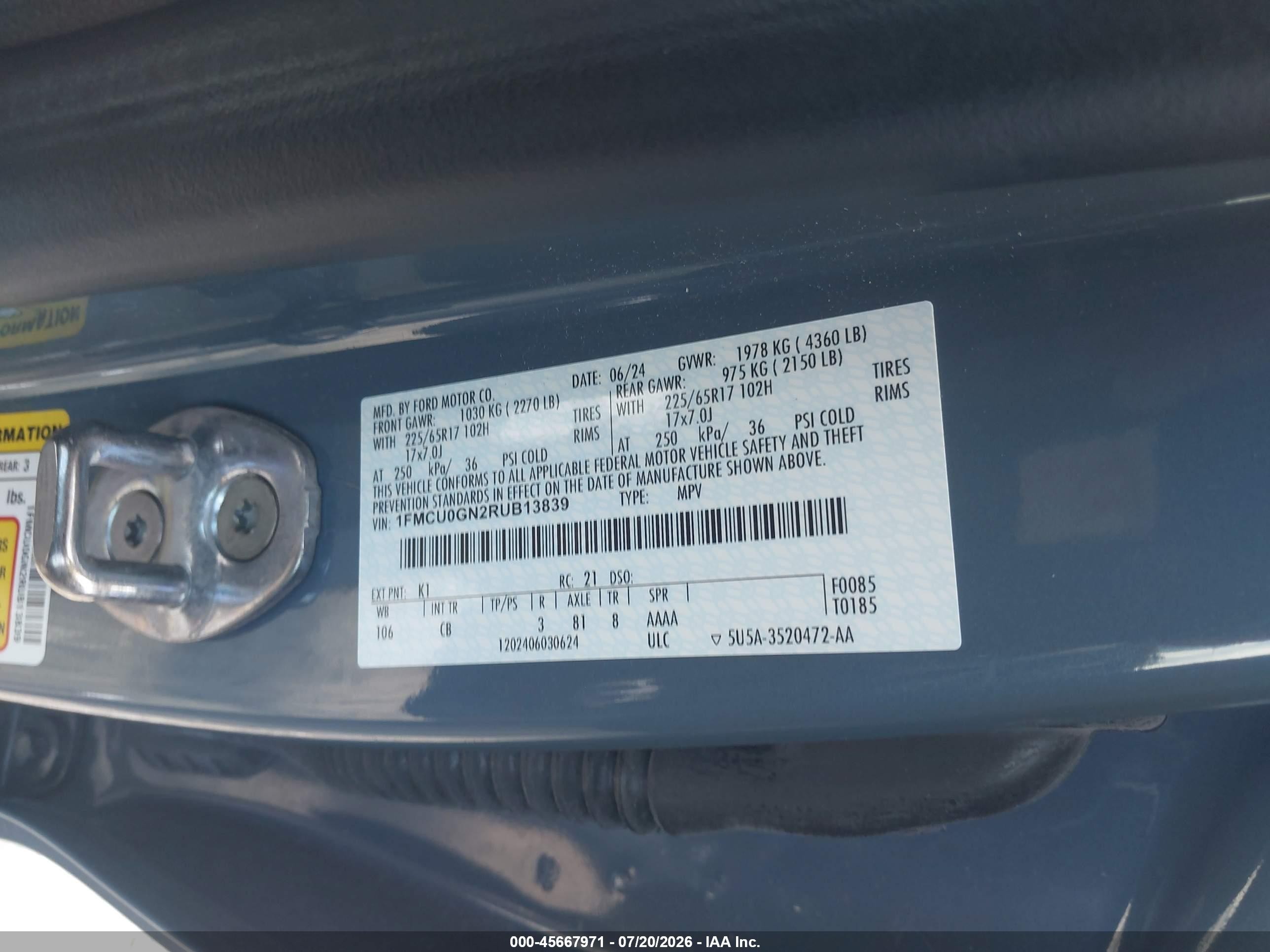 2024 Ford Escape Active Blue vin: 1FMCU0GN2RUB13839