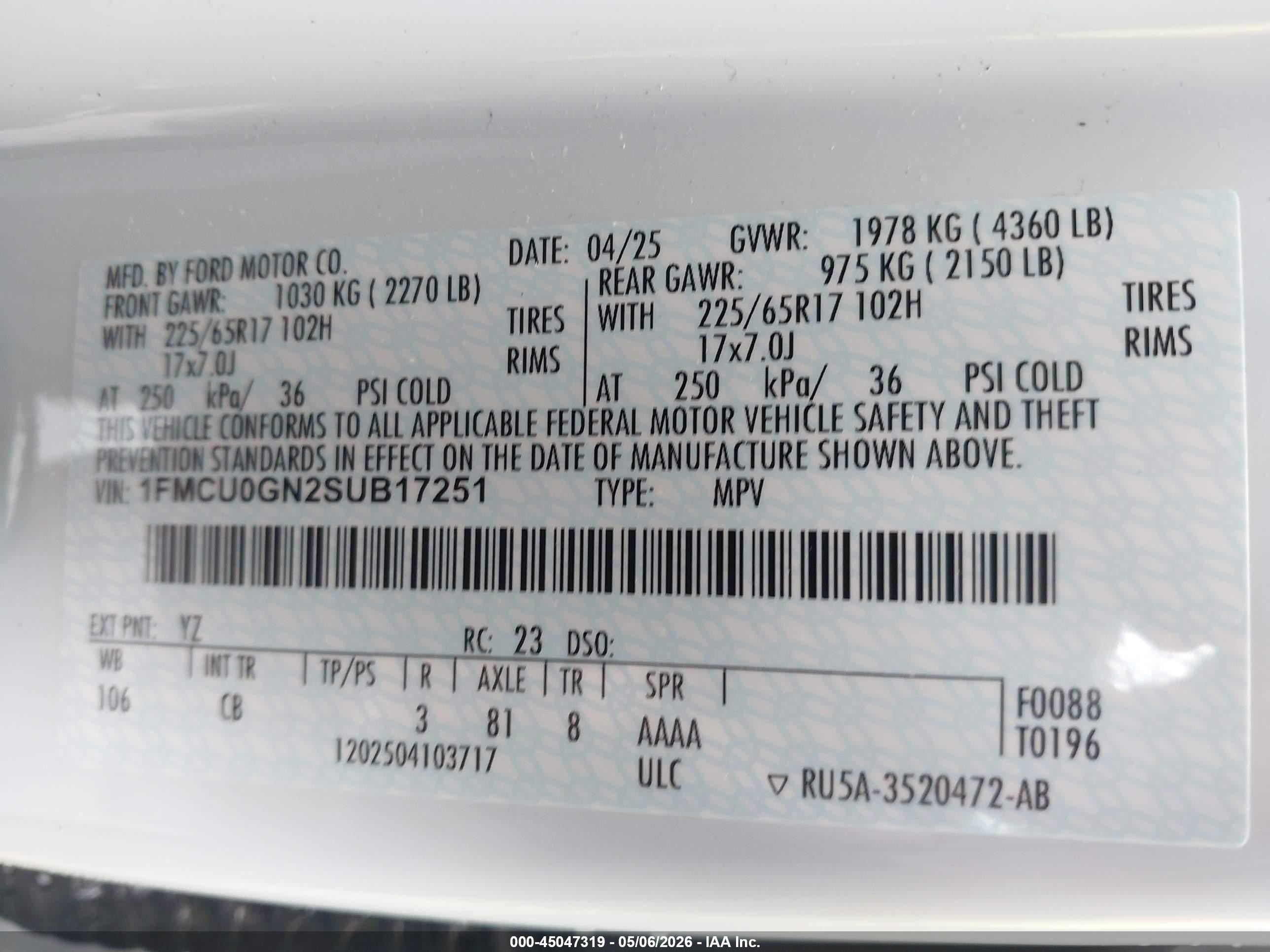 2025 Ford Escape Active White vin: 1FMCU0GN2SUB17251