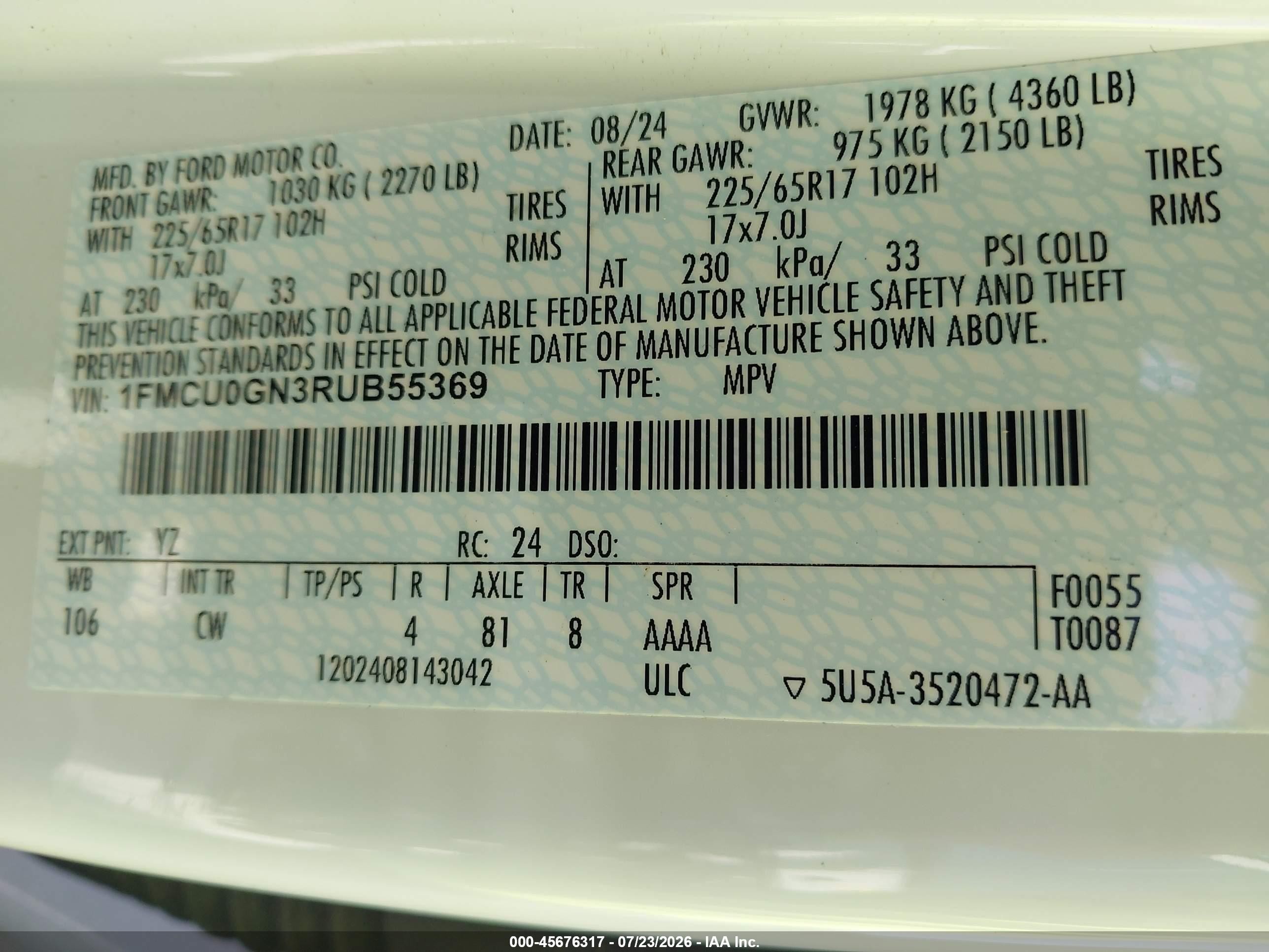 2024 Ford Escape Active White vin: 1FMCU0GN3RUB55369