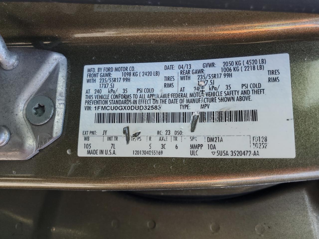 2013 Ford Escape Se Green vin: 1FMCU0GX0DUD32583