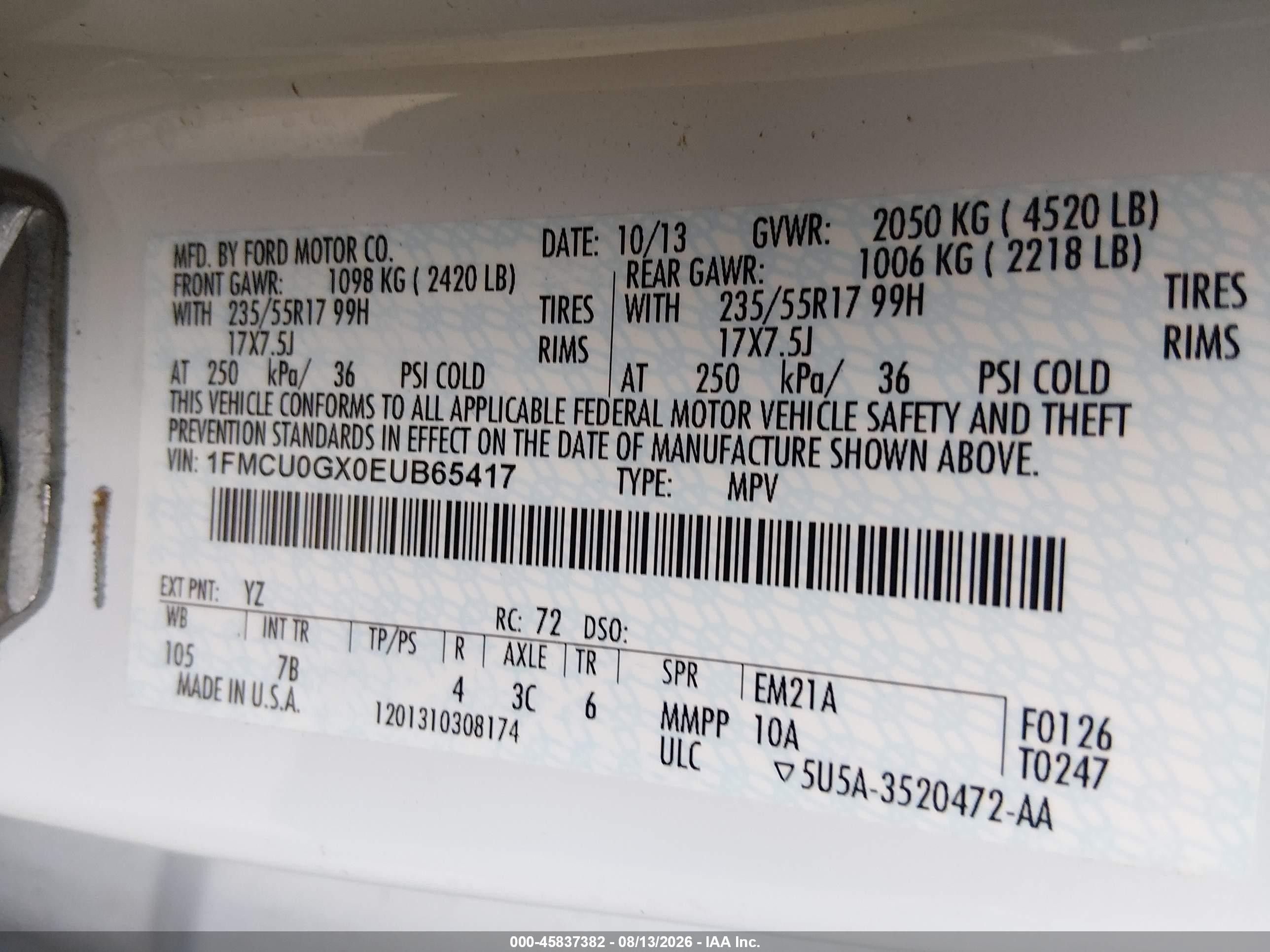2014 Ford Escape Se White vin: 1FMCU0GX0EUB65417