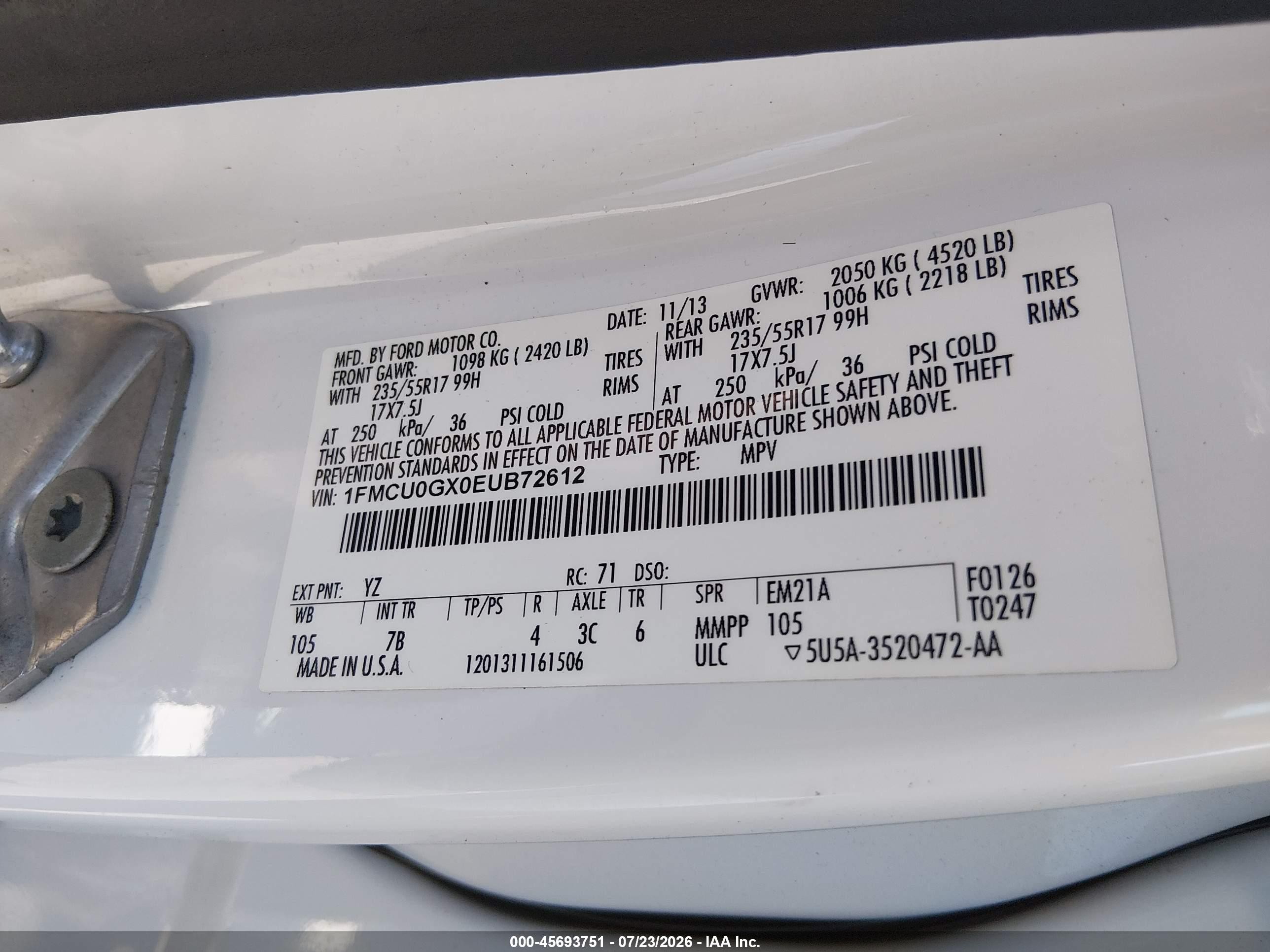 2014 Ford Escape Se White vin: 1FMCU0GX0EUB72612