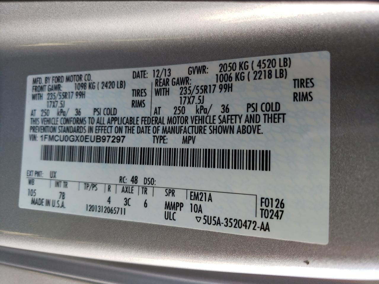 2014 Ford Escape Se Silver vin: 1FMCU0GX0EUB97297
