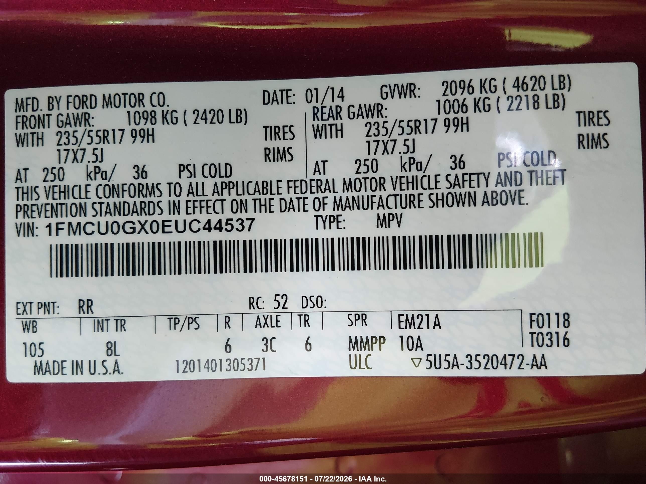 2014 Ford Escape Se Бордовый vin: 1FMCU0GX0EUC44537