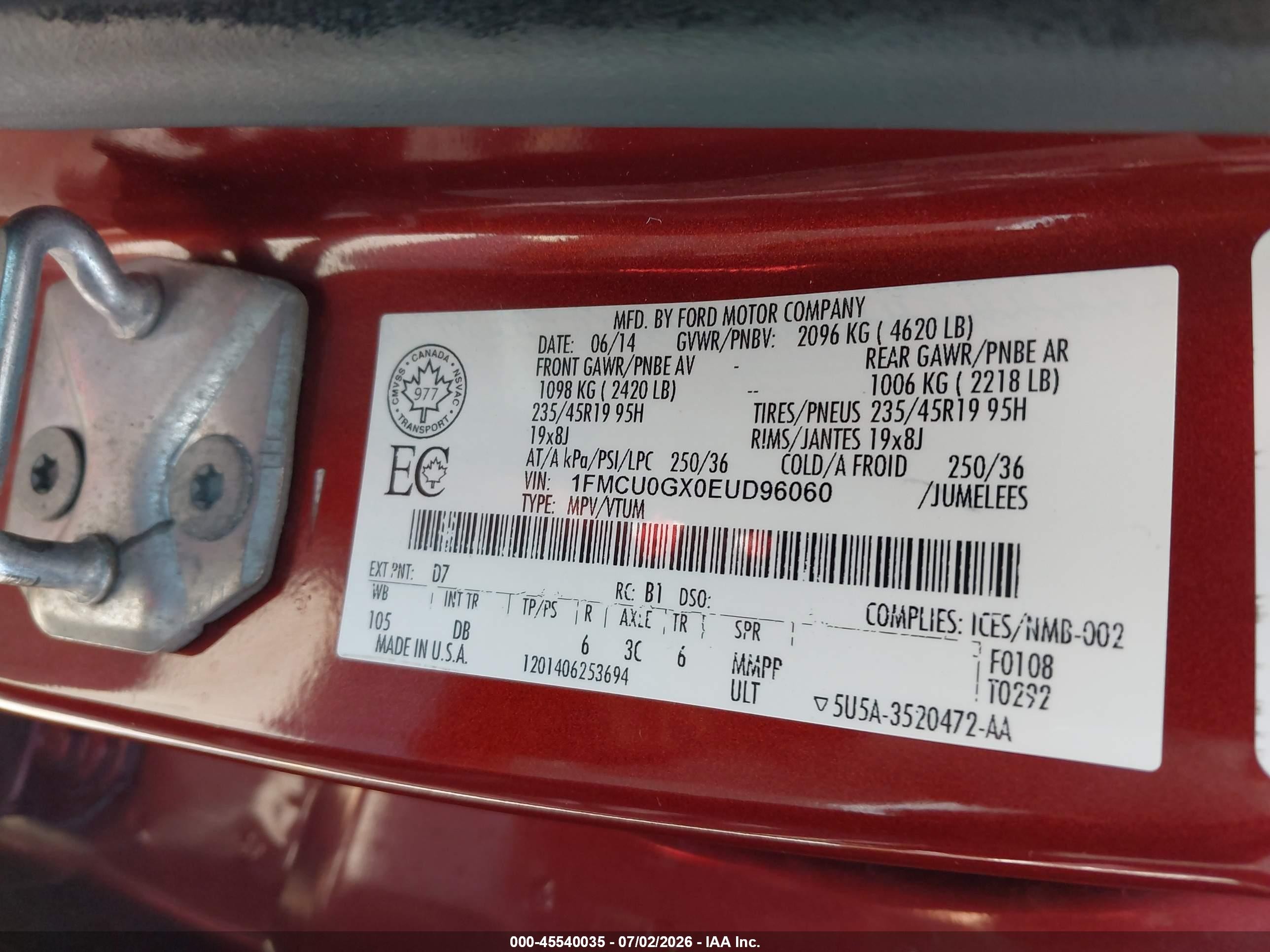 2014 Ford Escape Se Maroon vin: 1FMCU0GX0EUD96060
