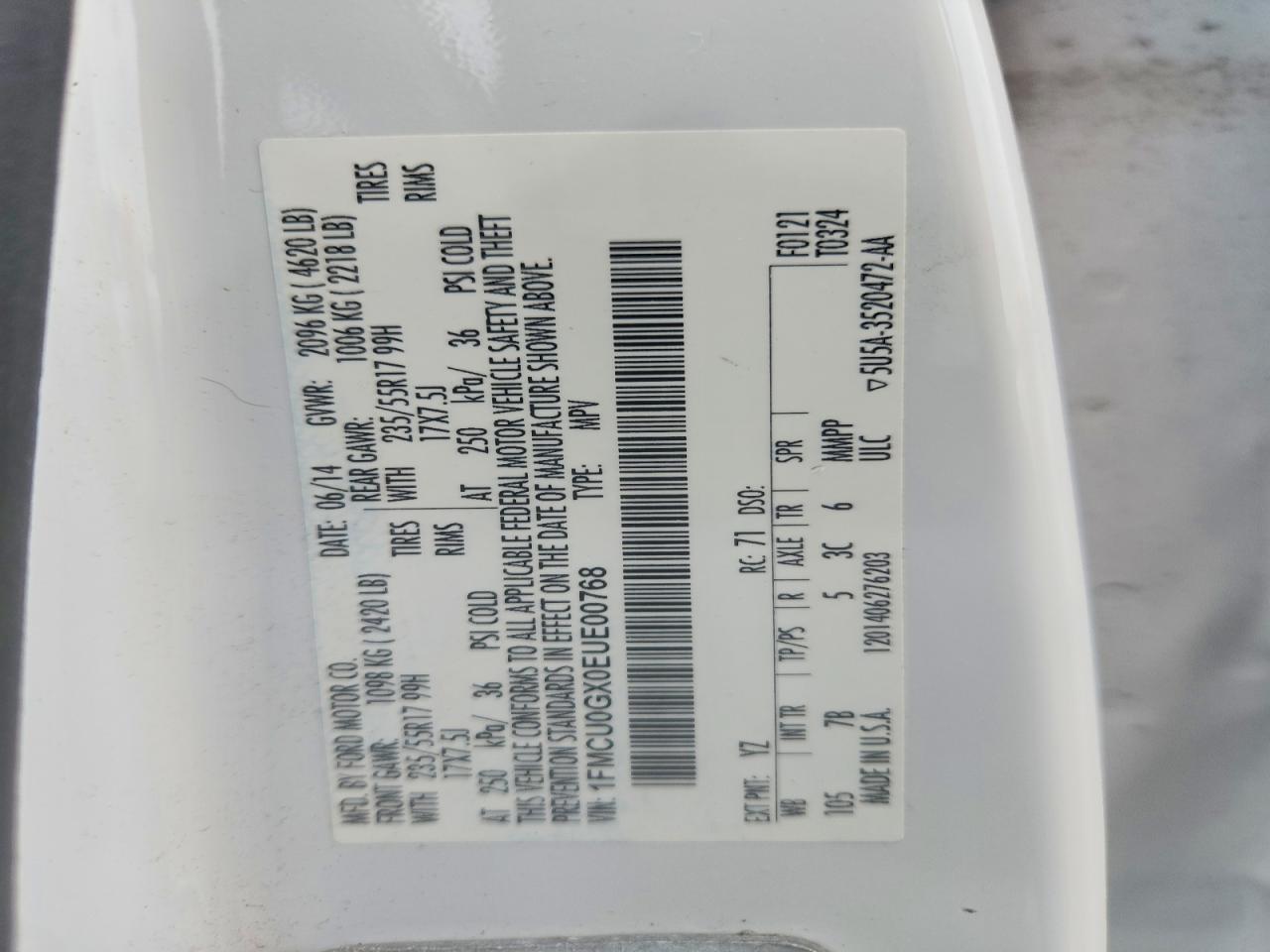 2014 Ford Escape Se White vin: 1FMCU0GX0EUE00768