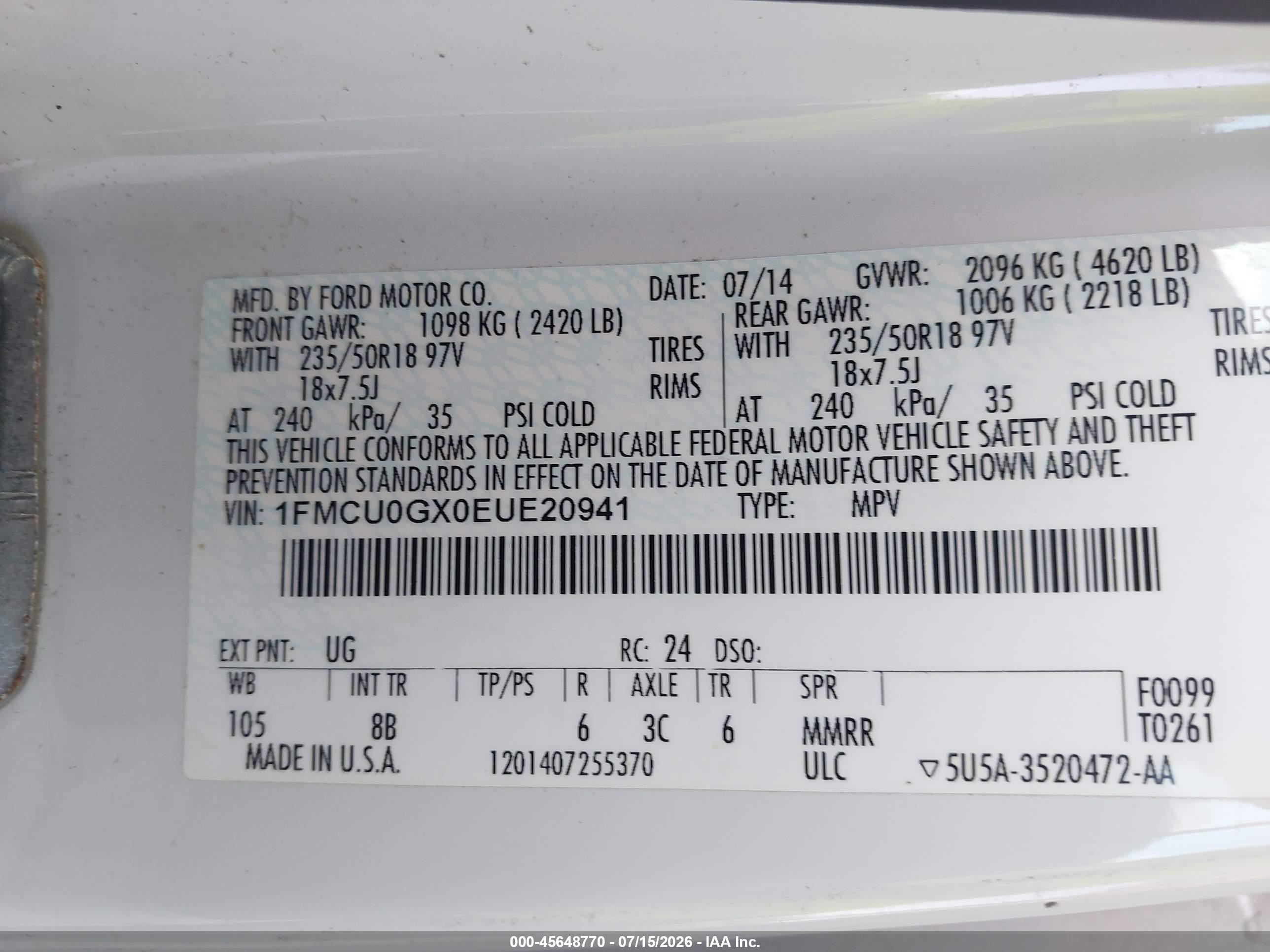 2014 Ford Escape Se White vin: 1FMCU0GX0EUE20941