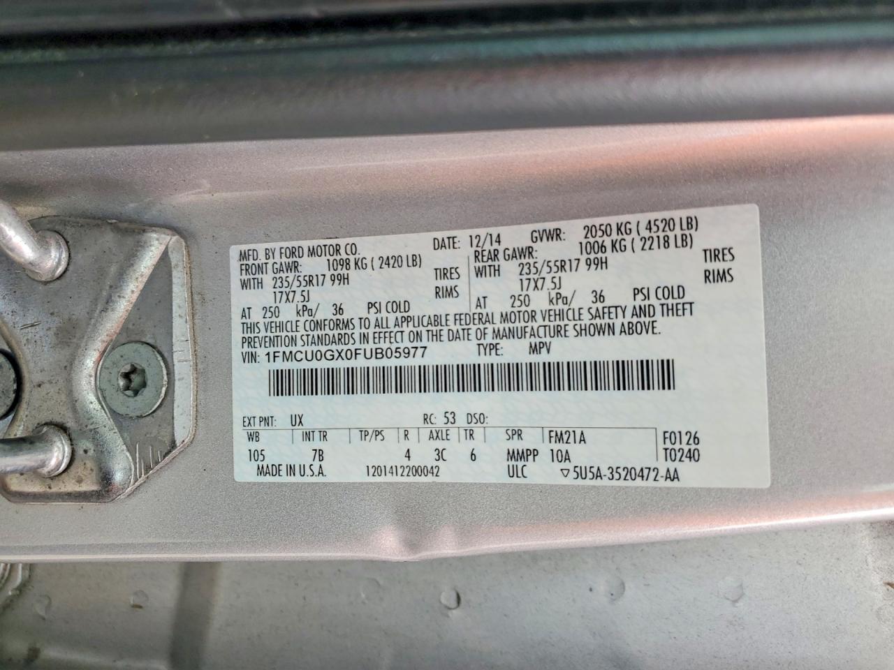 2015 Ford Escape Se Серебряный vin: 1FMCU0GX0FUB05977