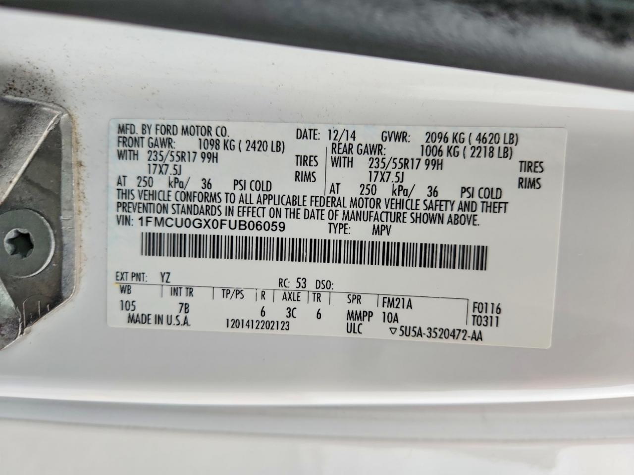 2015 Ford Escape Se White vin: 1FMCU0GX0FUB06059