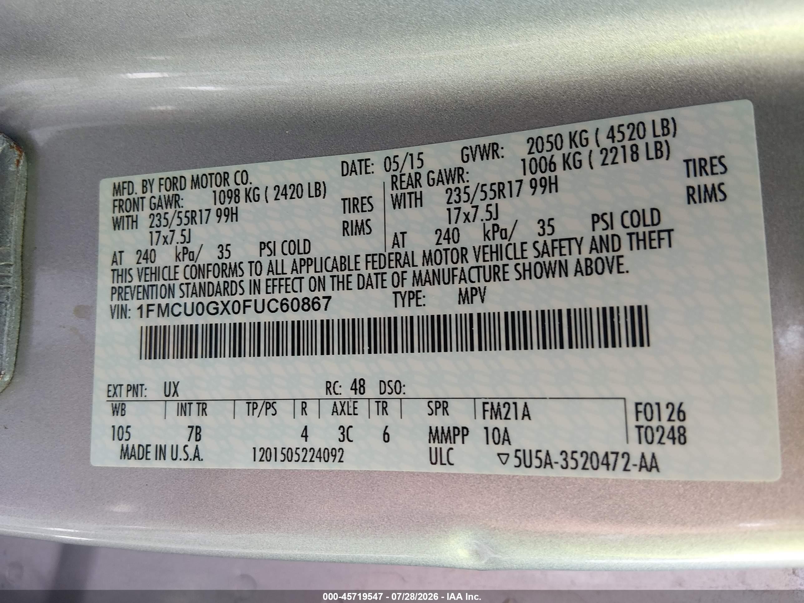 2015 Ford Escape Se Silver vin: 1FMCU0GX0FUC60867