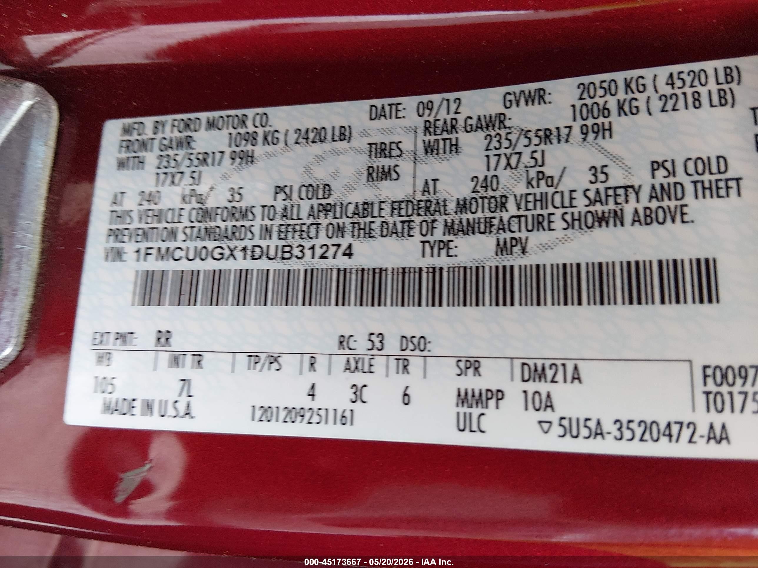 2013 Ford Escape Se Red vin: 1FMCU0GX1DUB31274