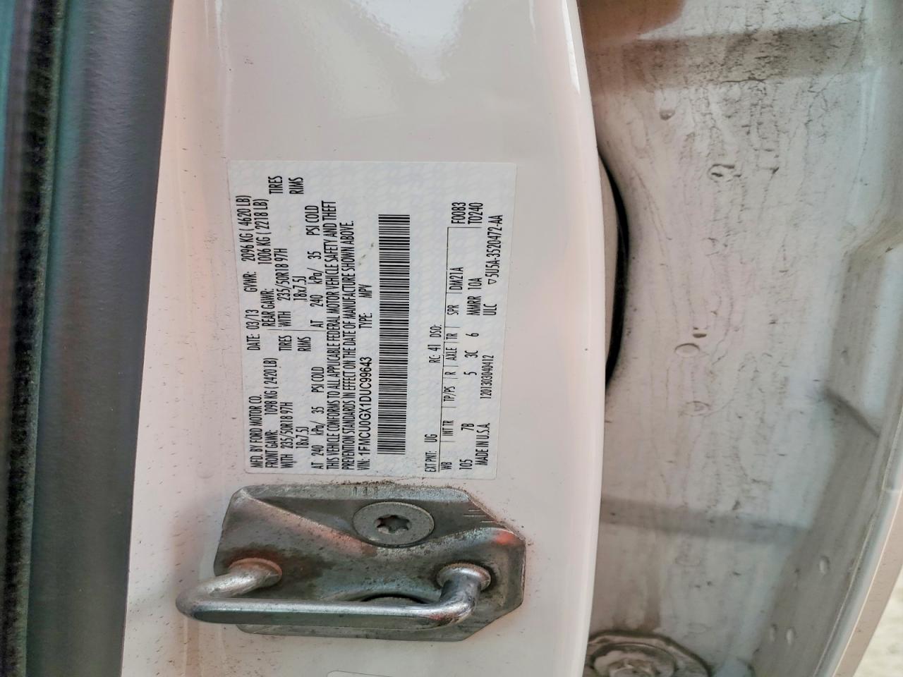 2013 Ford Escape Se White vin: 1FMCU0GX1DUC99643
