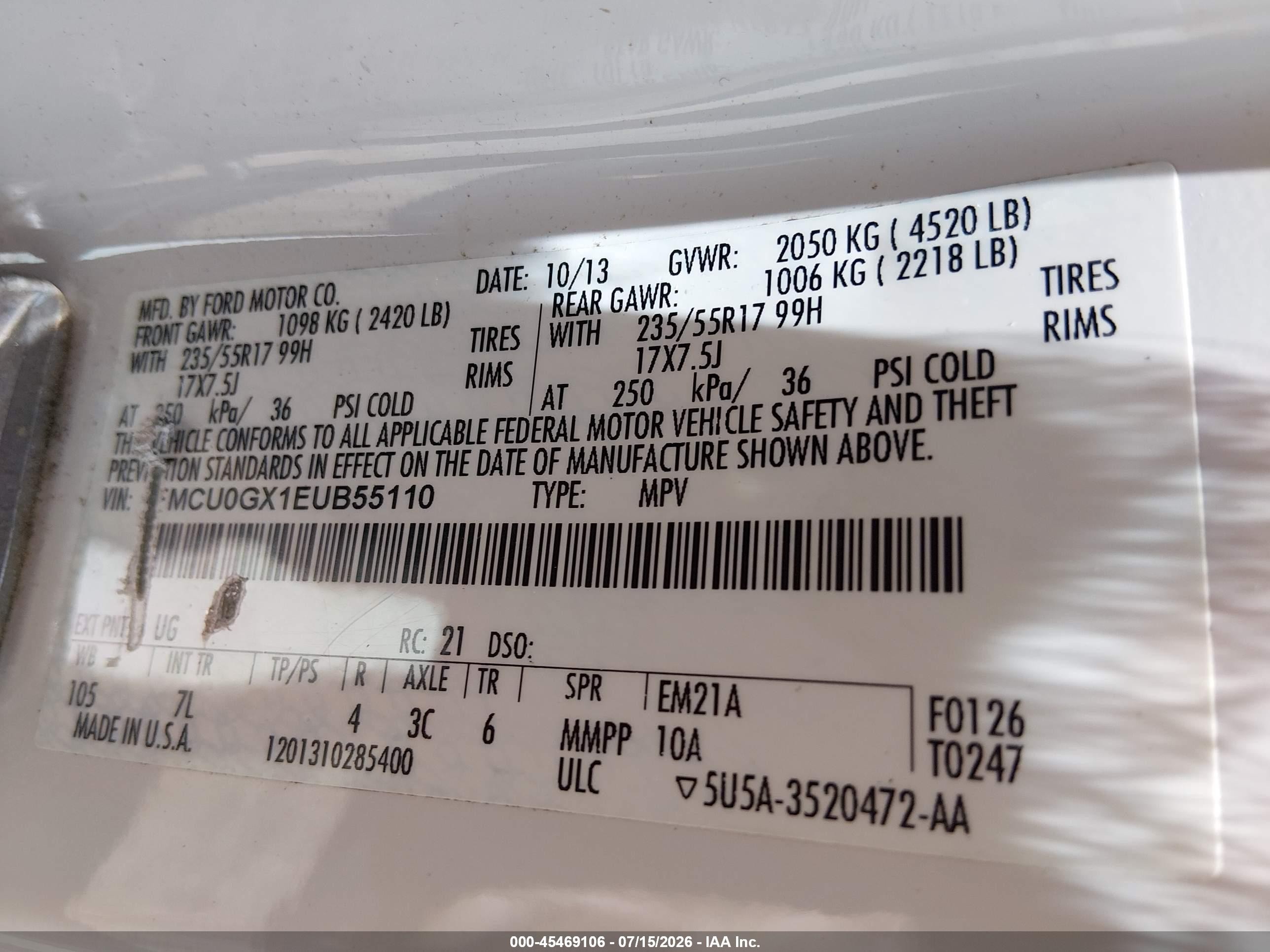 2014 Ford Escape Se White vin: 1FMCU0GX1EUB55110