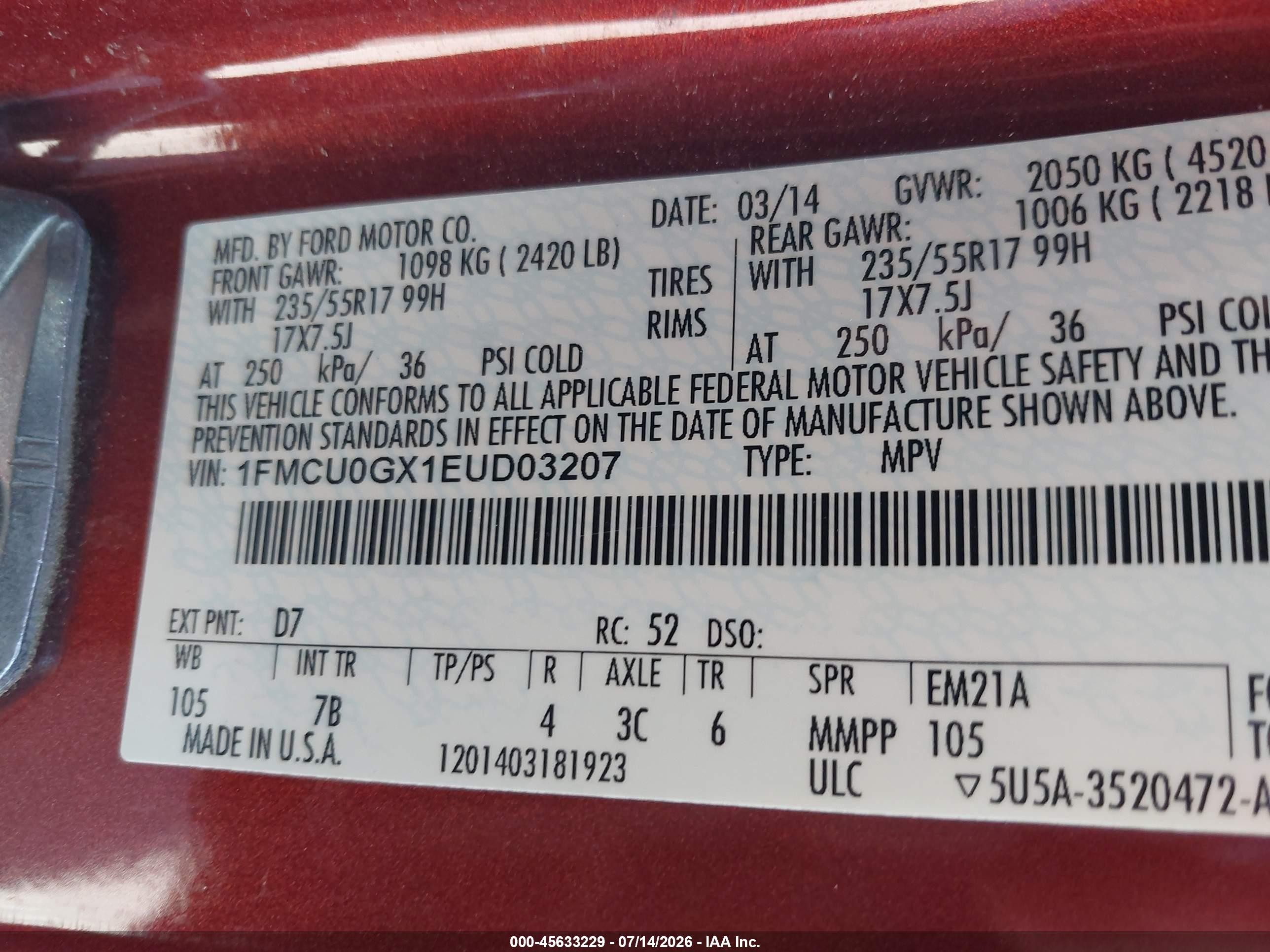 2014 Ford Escape Se Red vin: 1FMCU0GX1EUD03207