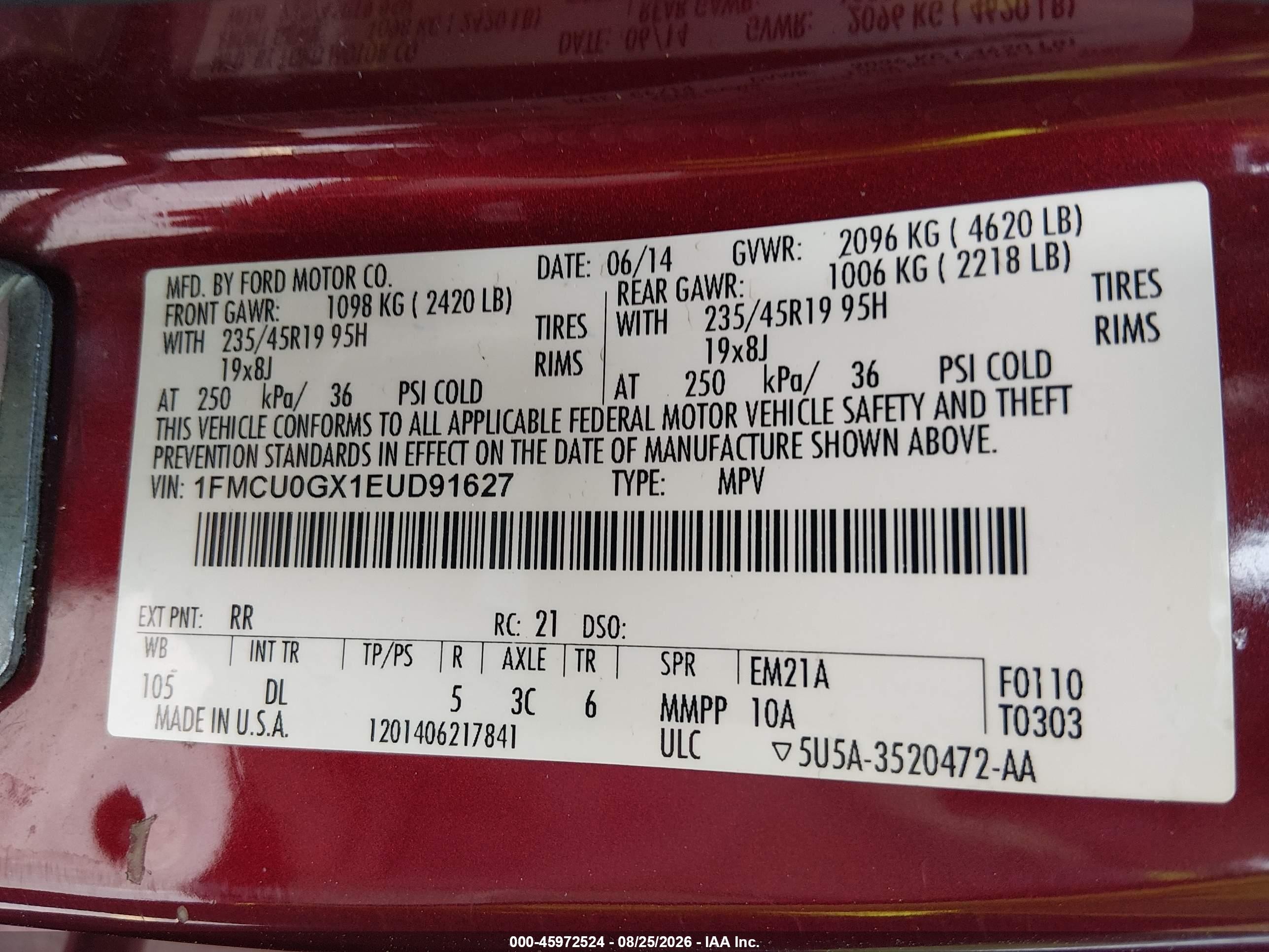 2014 Ford Escape Se Red vin: 1FMCU0GX1EUD91627