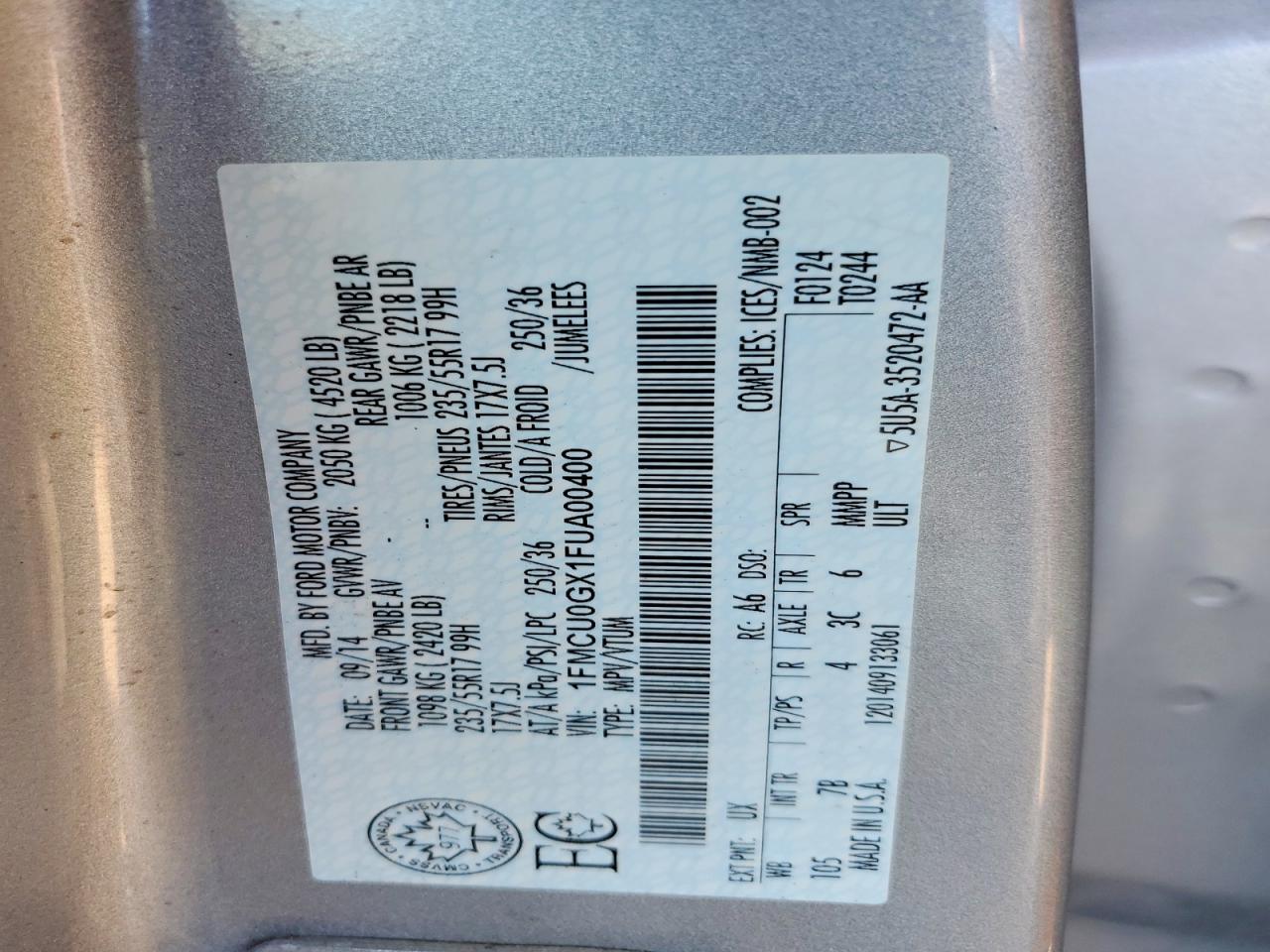 2015 Ford Escape Se Silver vin: 1FMCU0GX1FUA00400