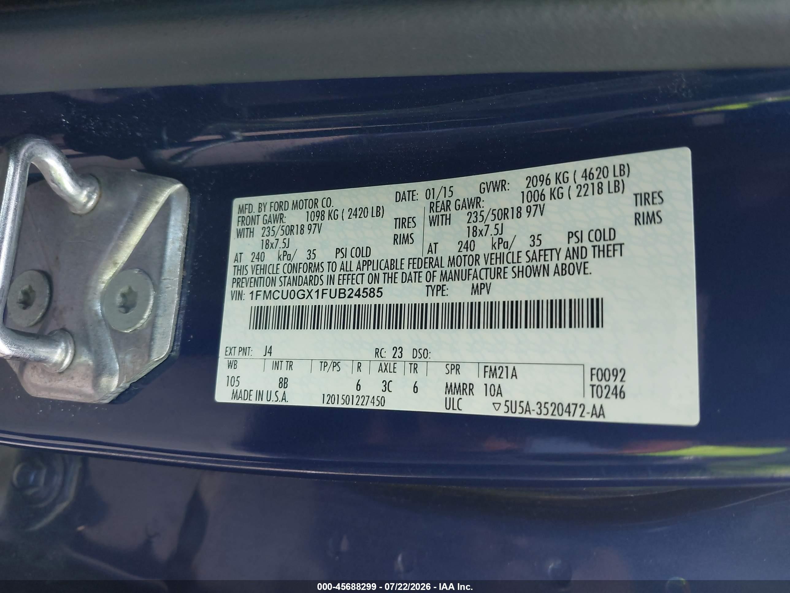 2015 Ford Escape Se Blue vin: 1FMCU0GX1FUB24585