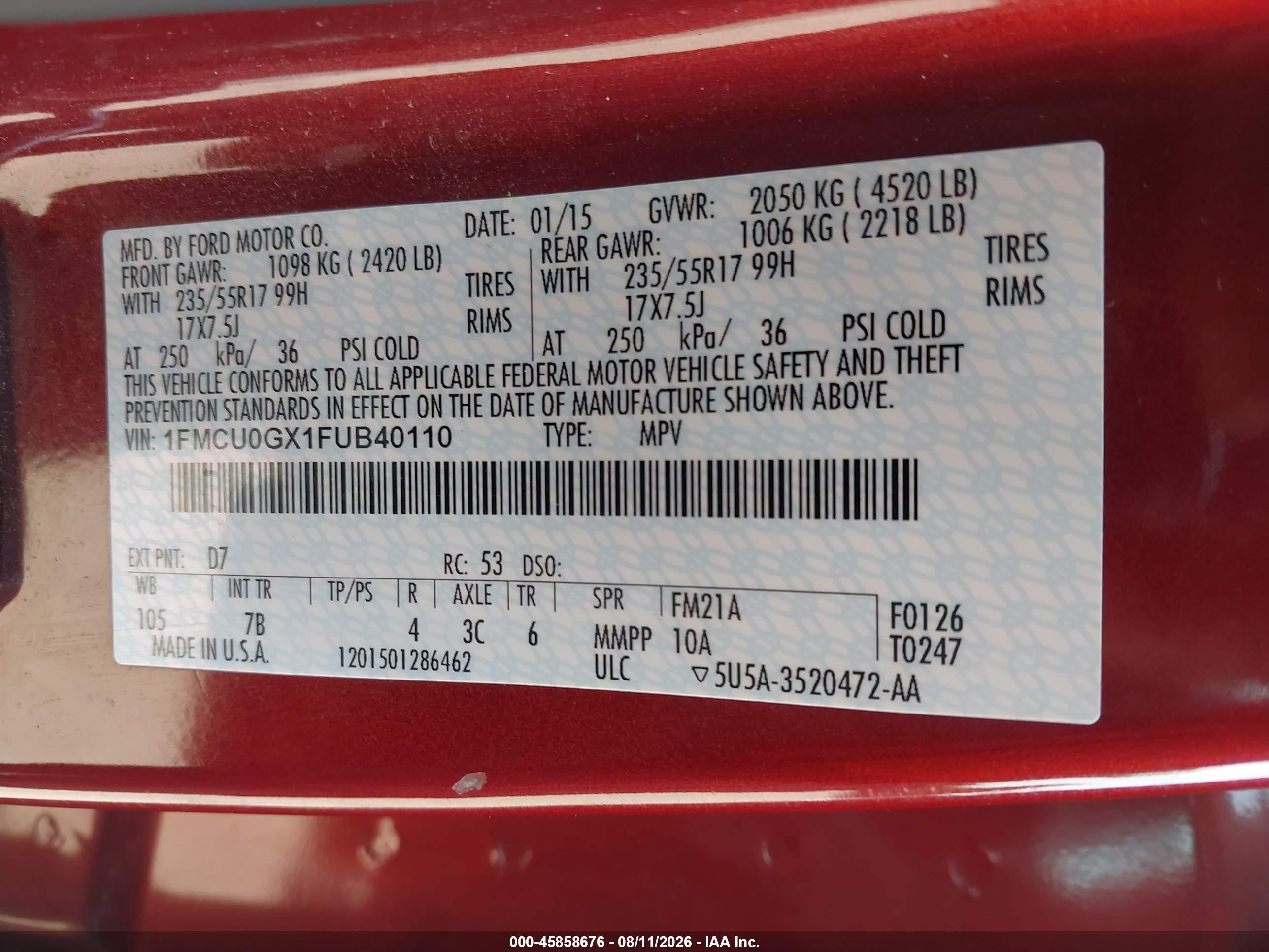 2015 Ford Escape Se Purple vin: 1FMCU0GX1FUB40110