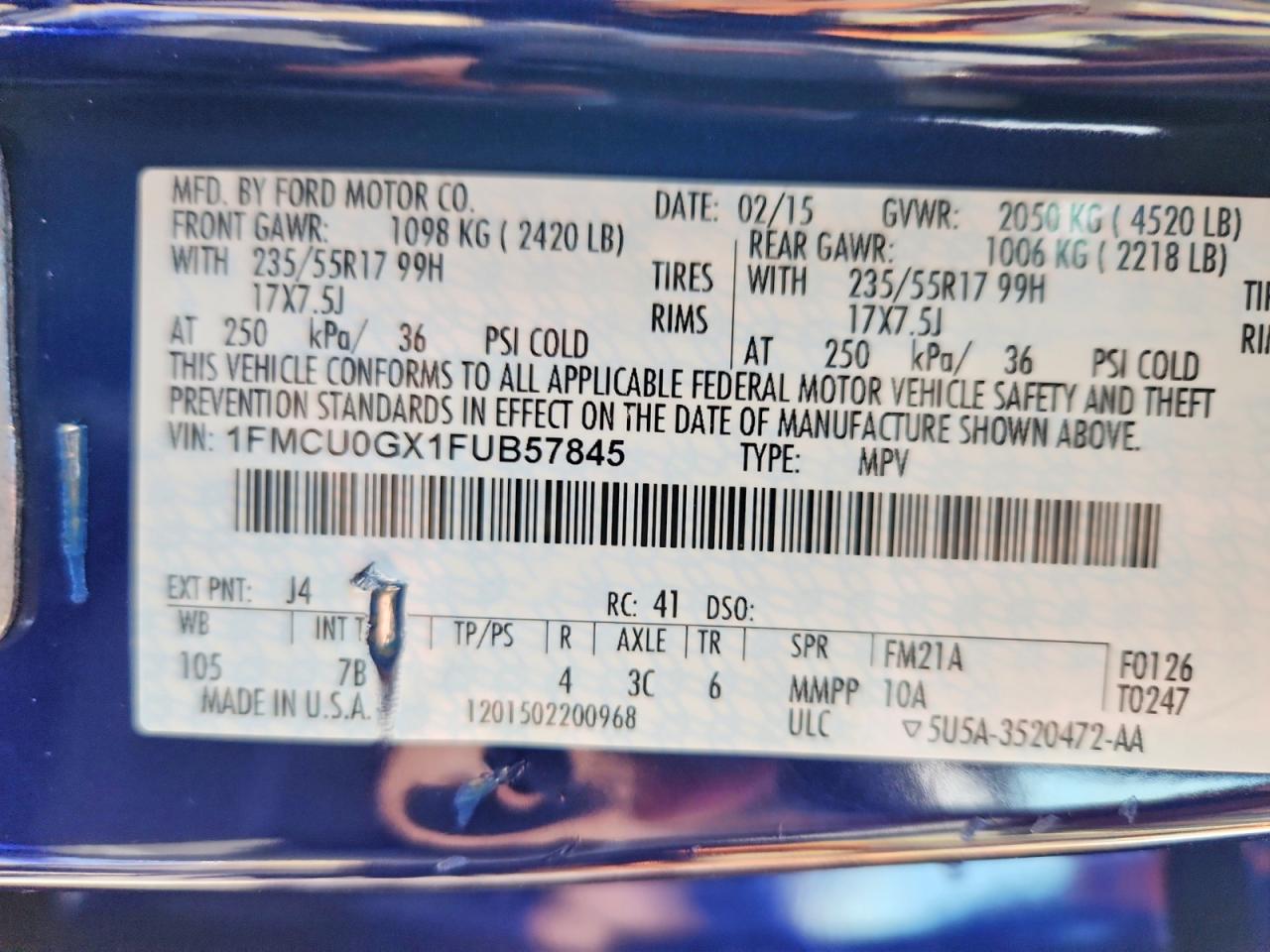 2015 Ford Escape Se Blue vin: 1FMCU0GX1FUB57845