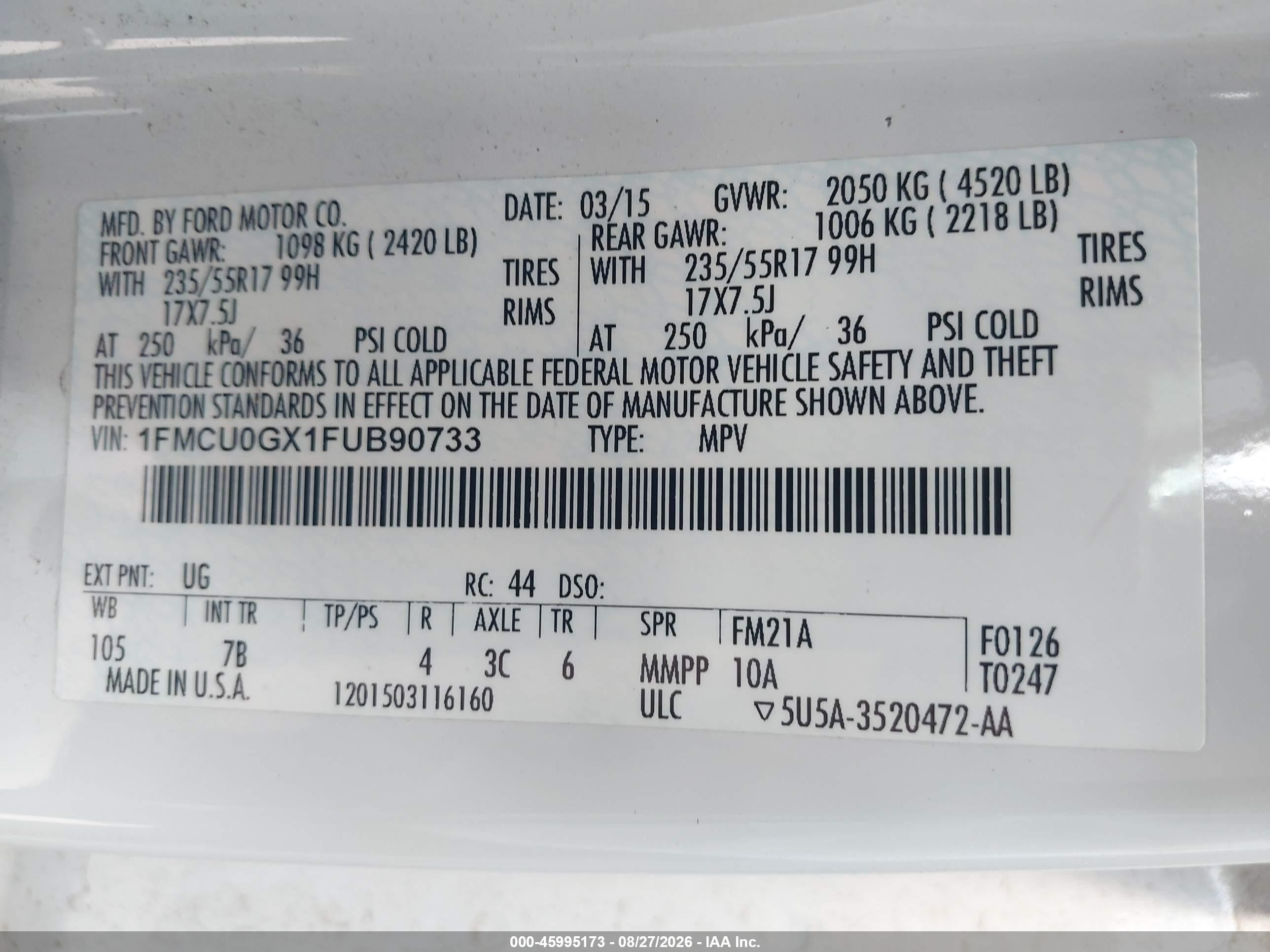 2015 Ford Escape Se Белый vin: 1FMCU0GX1FUB90733
