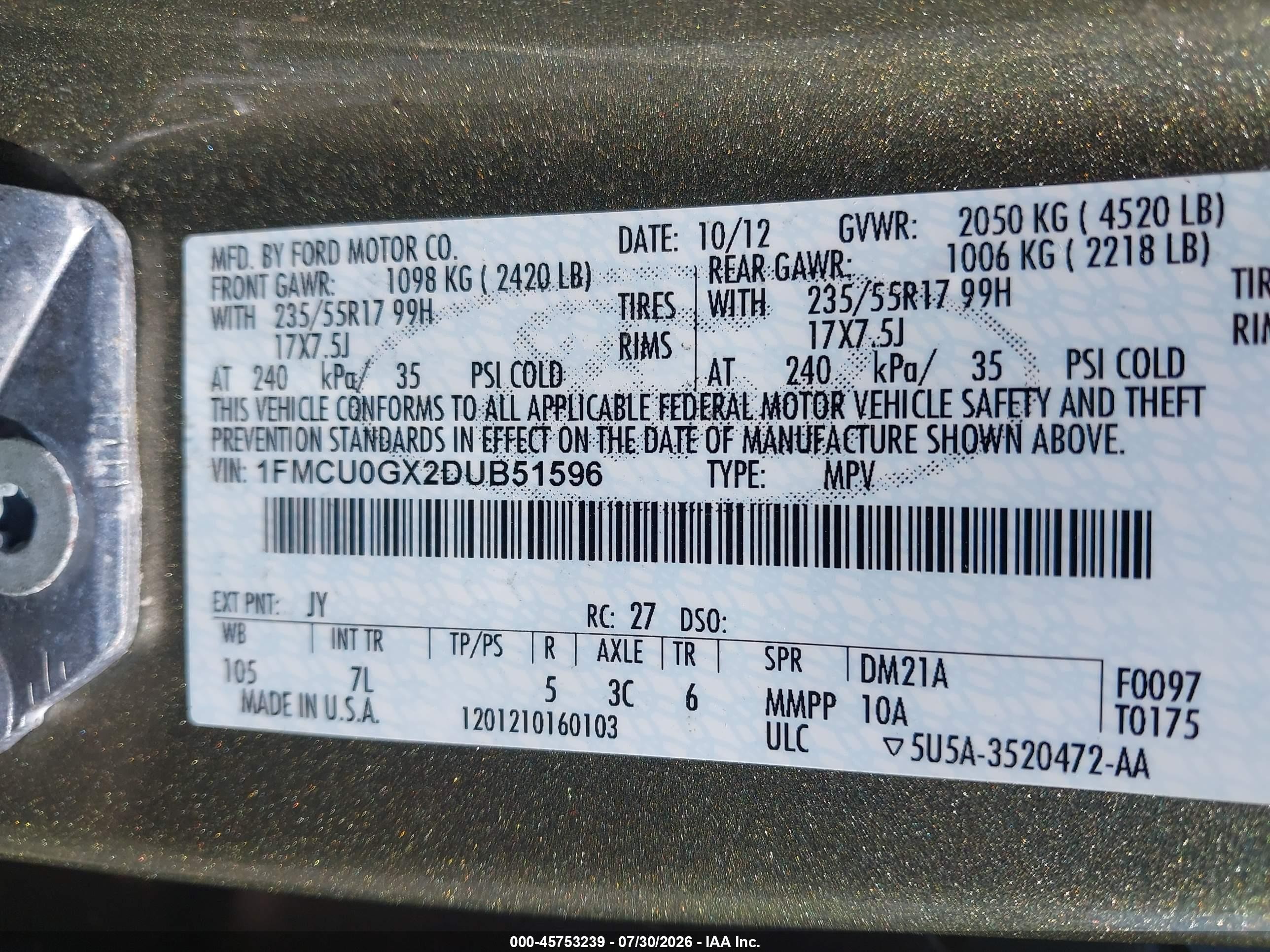 2013 Ford Escape Se Green vin: 1FMCU0GX2DUB51596