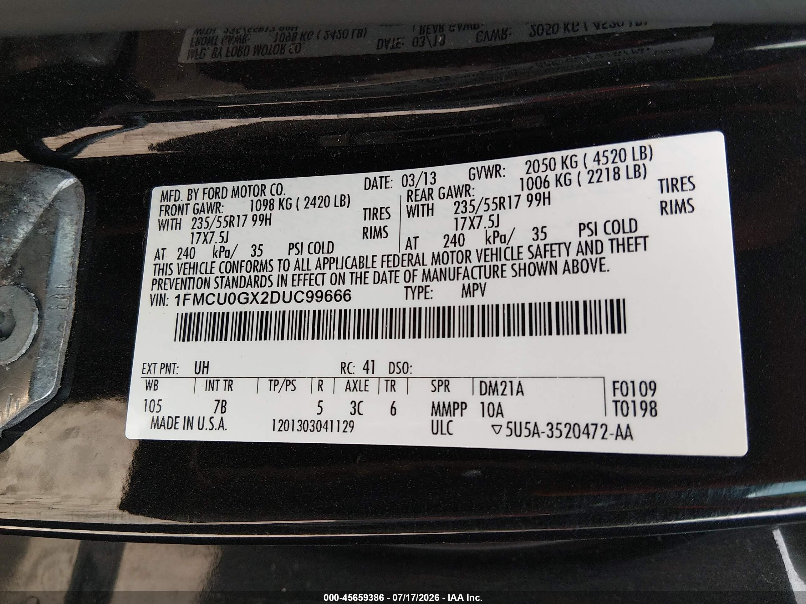 2013 Ford Escape Se Black vin: 1FMCU0GX2DUC99666