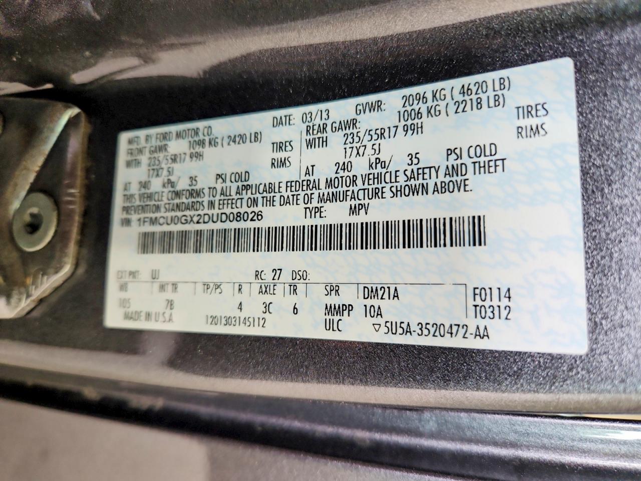 2013 Ford Escape Se Charcoal vin: 1FMCU0GX2DUD08026