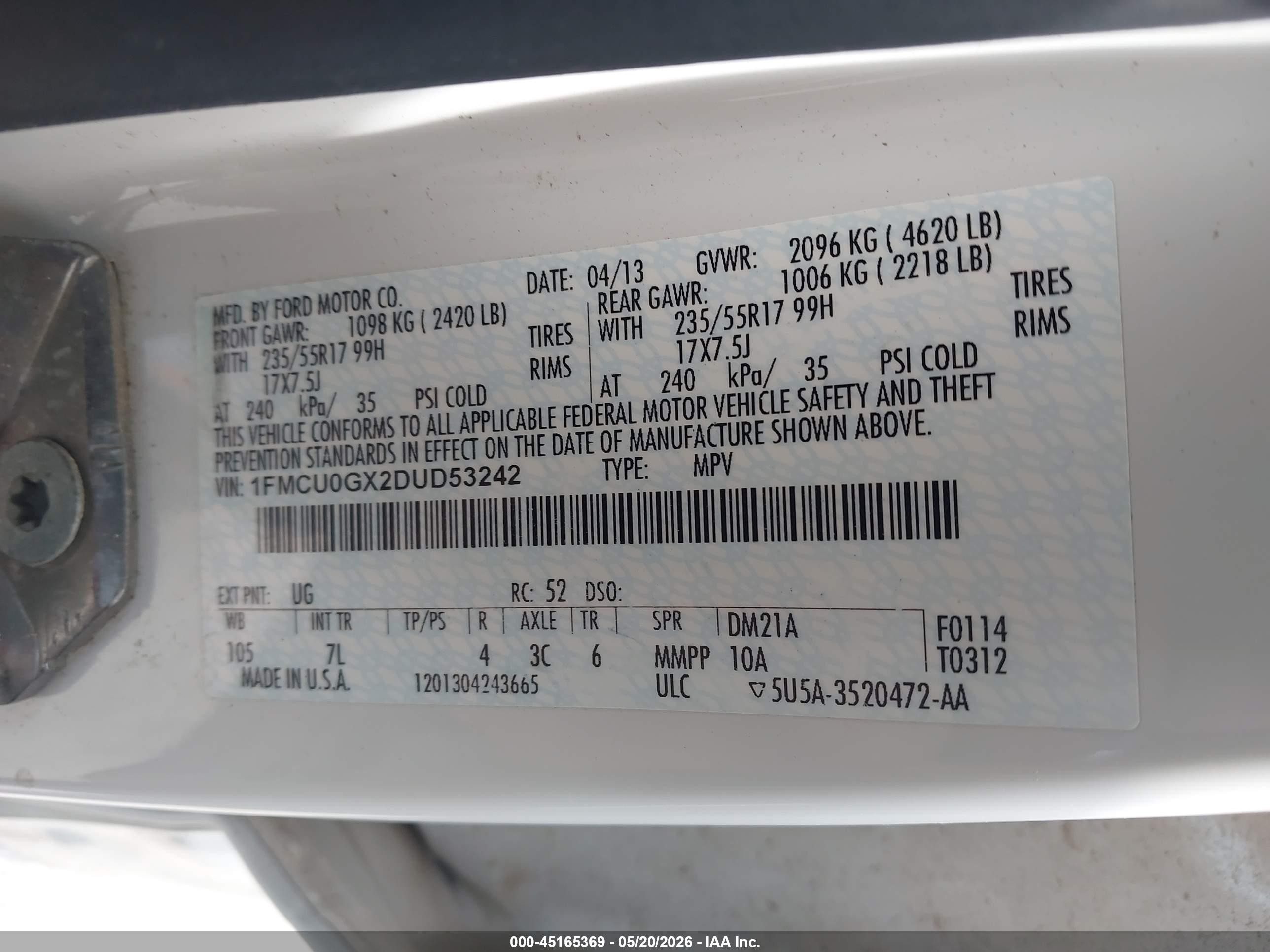 2013 Ford Escape Se White vin: 1FMCU0GX2DUD53242