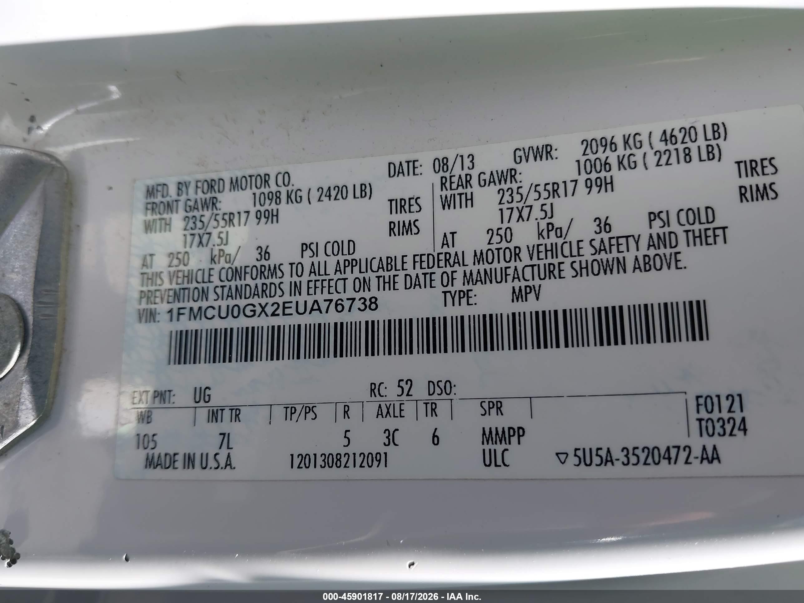 2014 Ford Escape Se White vin: 1FMCU0GX2EUA76738