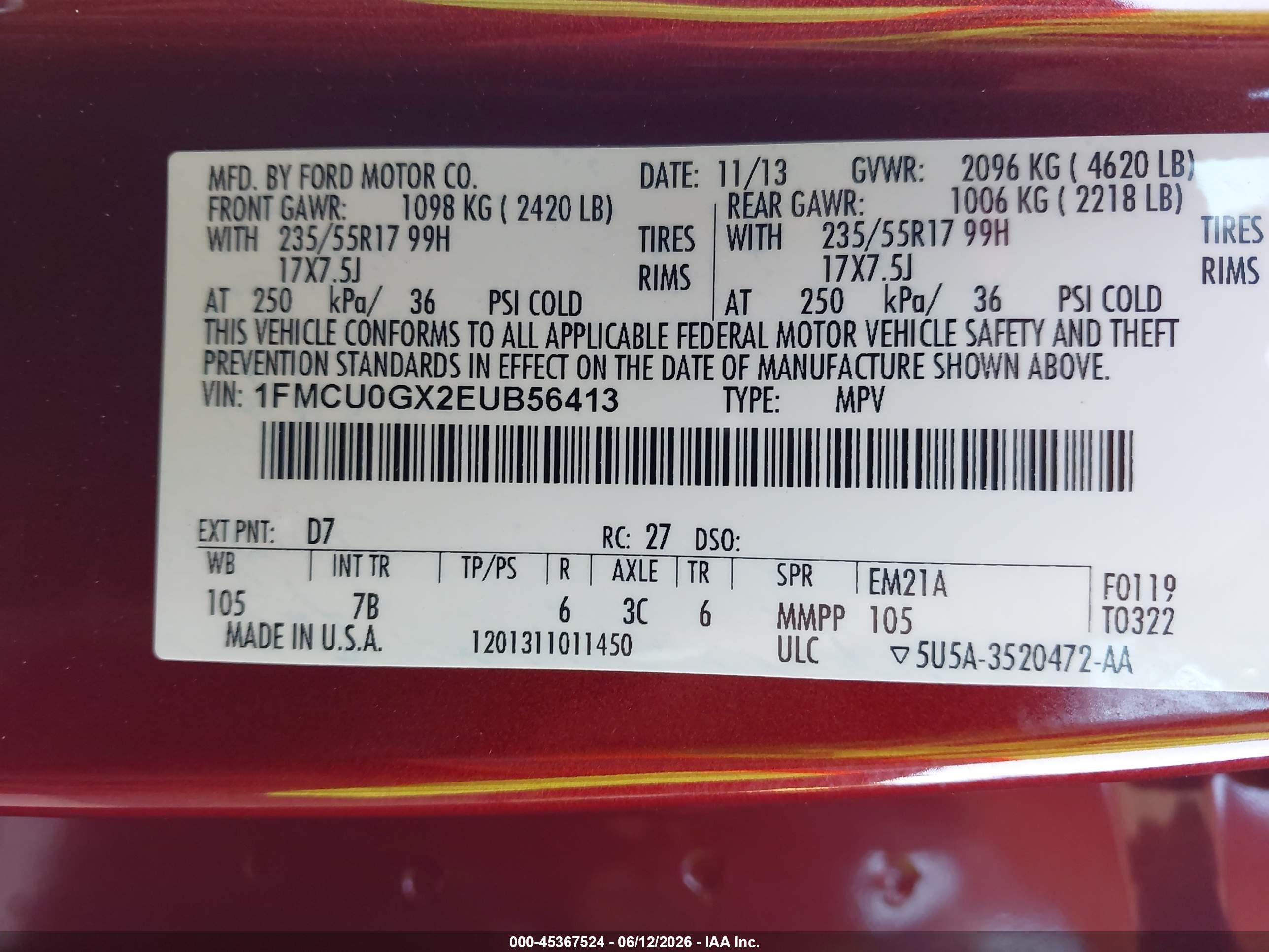 2014 Ford Escape Se Темно-бордовый vin: 1FMCU0GX2EUB56413