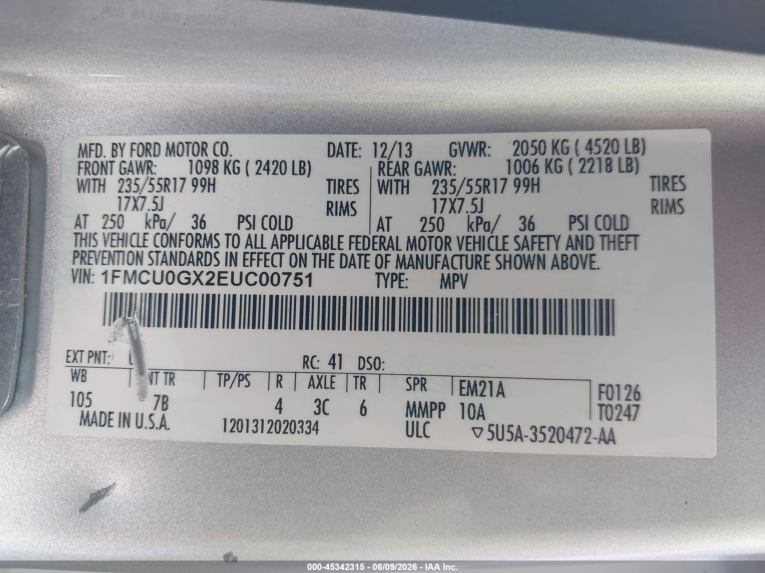 2014 Ford Escape Se Silver vin: 1FMCU0GX2EUC00751