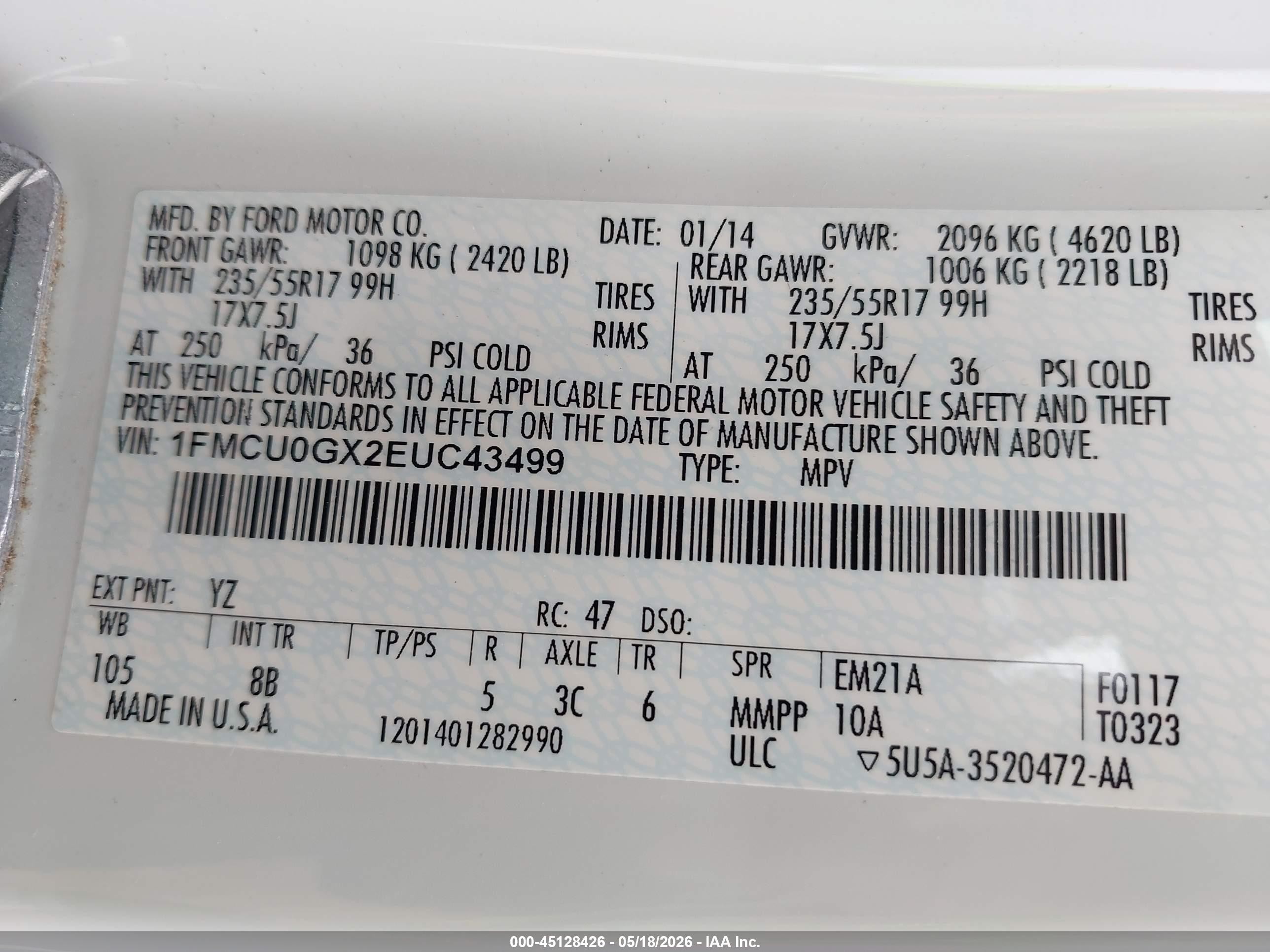 2014 Ford Escape Se White vin: 1FMCU0GX2EUC43499