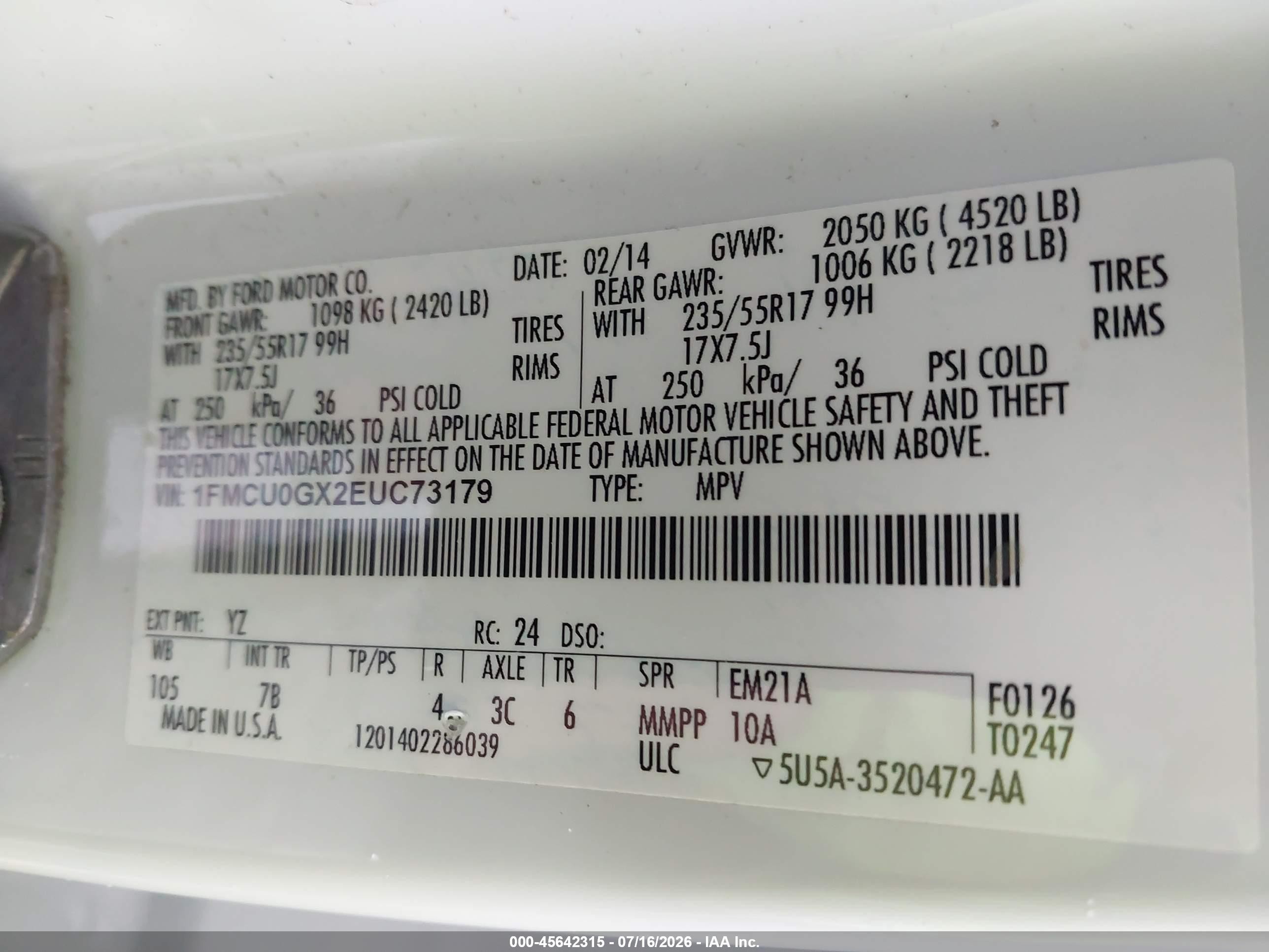 2014 Ford Escape Se Белый vin: 1FMCU0GX2EUC73179