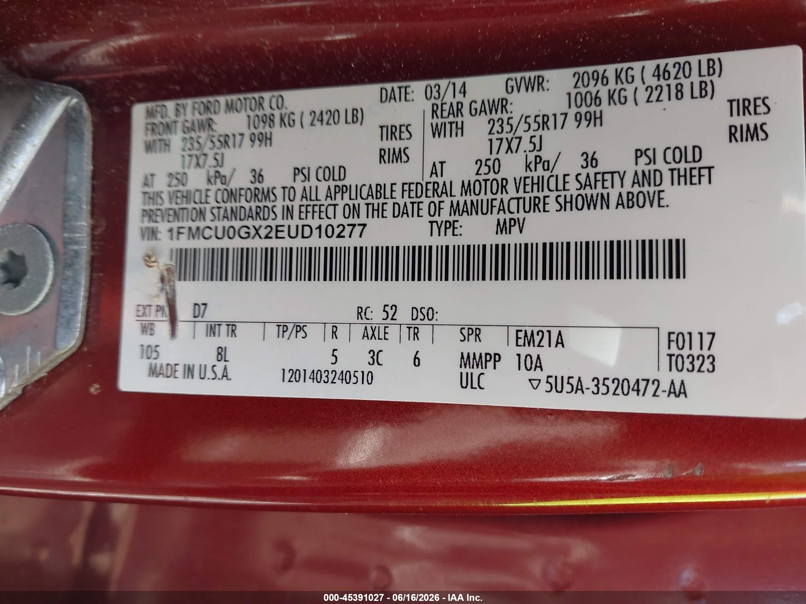 2014 Ford Escape Se Red vin: 1FMCU0GX2EUD10277
