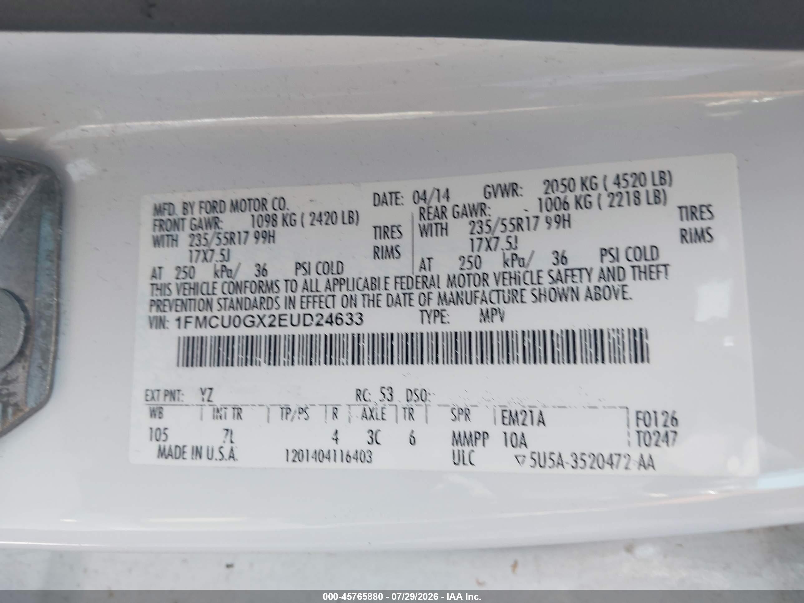 2014 Ford Escape Se White vin: 1FMCU0GX2EUD24633