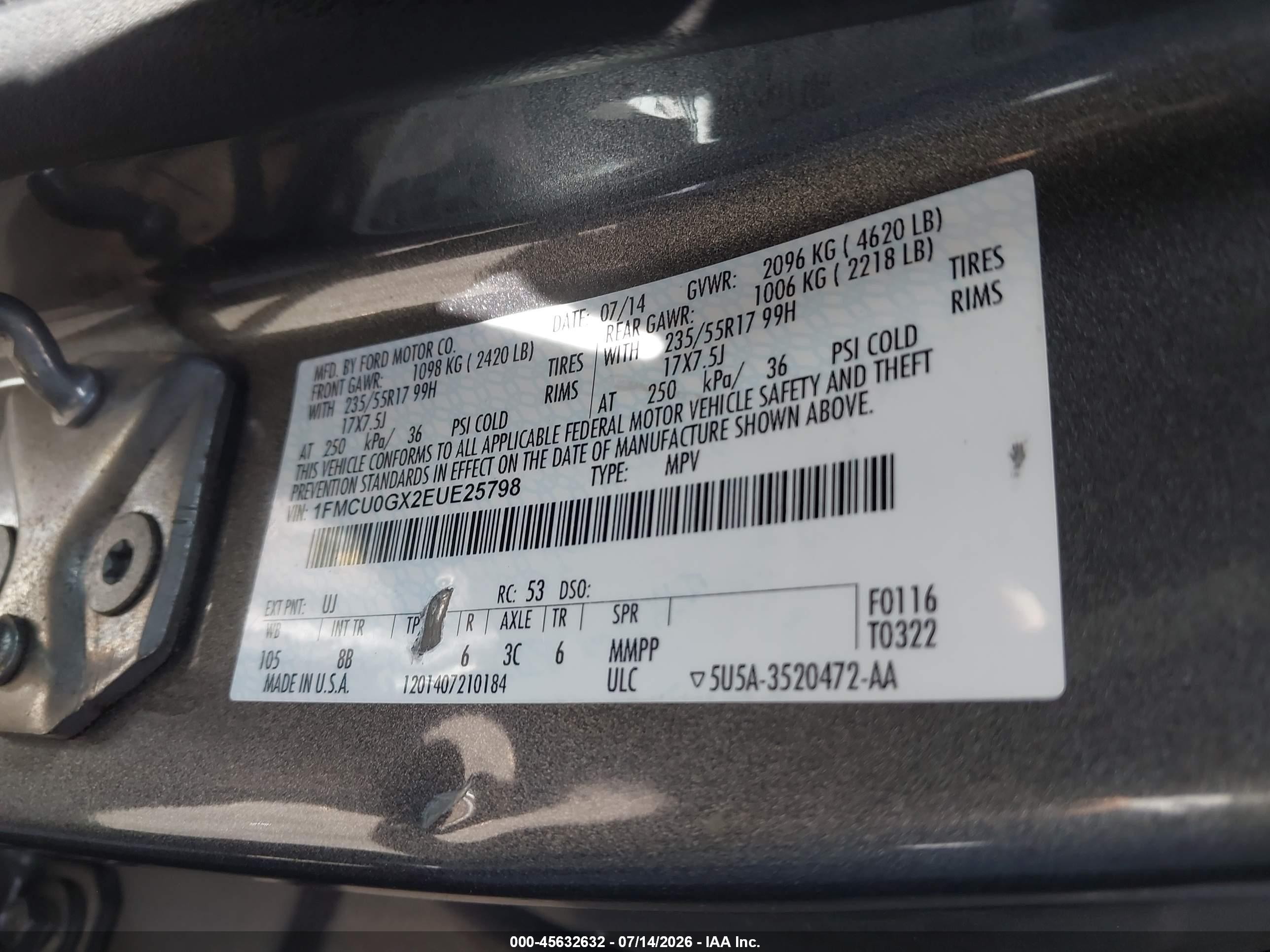 2014 Ford Escape Se Gray vin: 1FMCU0GX2EUE25798