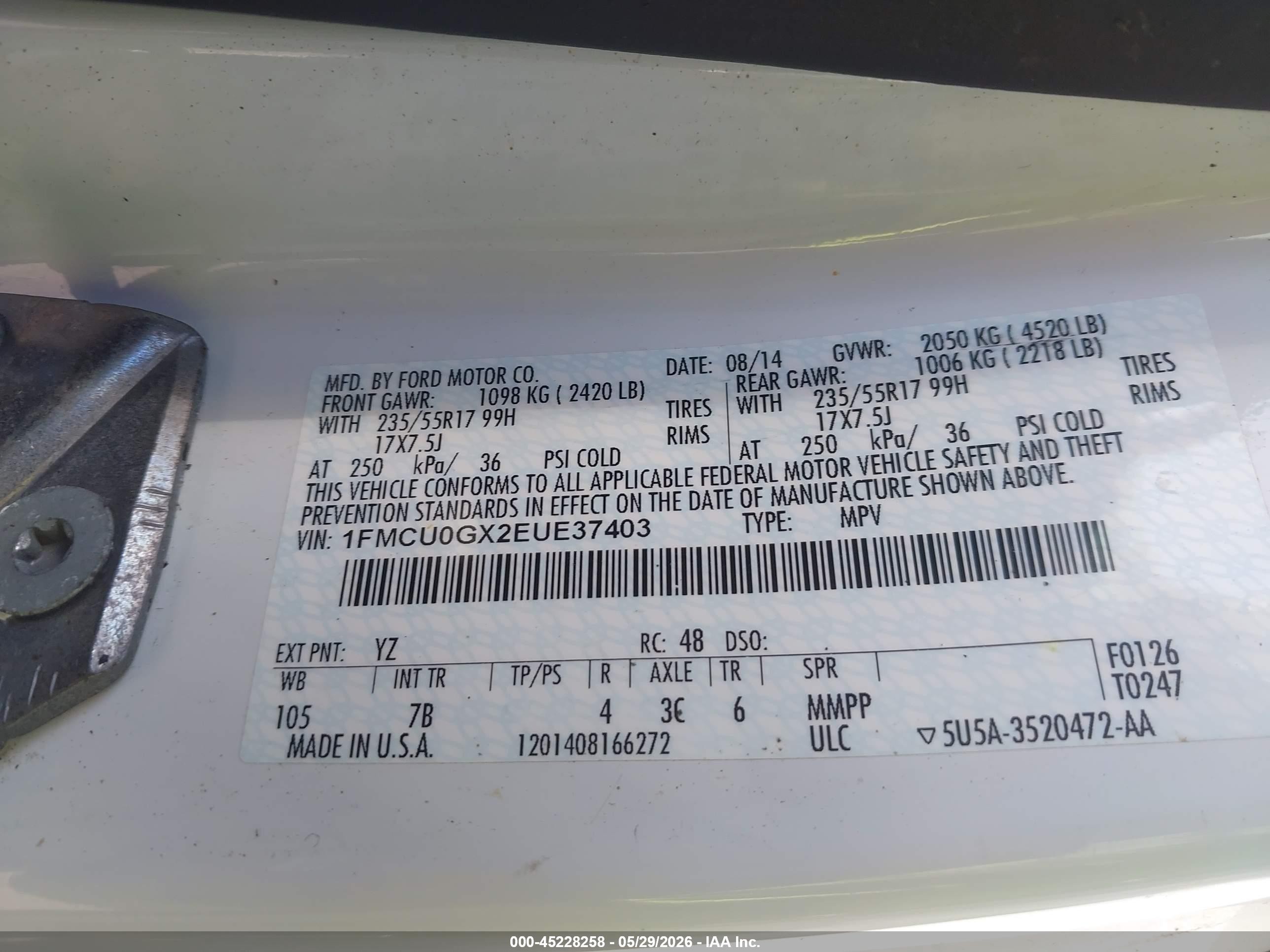 2014 Ford Escape Se White vin: 1FMCU0GX2EUE37403
