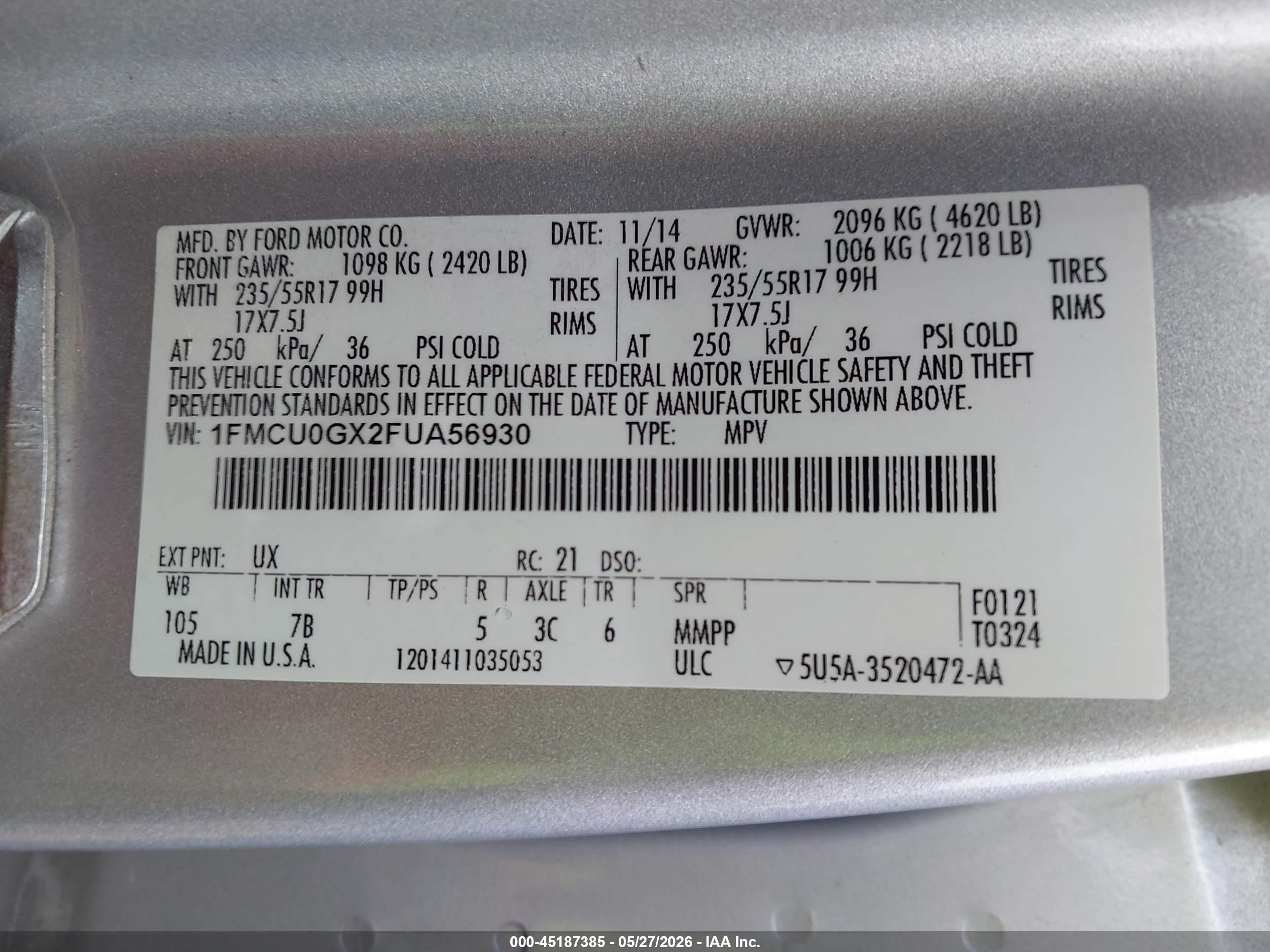 2015 Ford Escape Se Silver vin: 1FMCU0GX2FUA56930
