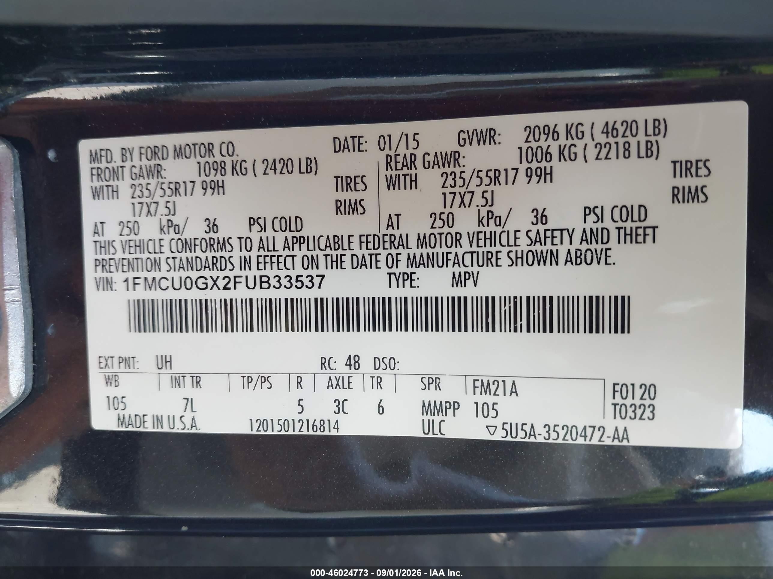 2015 Ford Escape Se Black vin: 1FMCU0GX2FUB33537