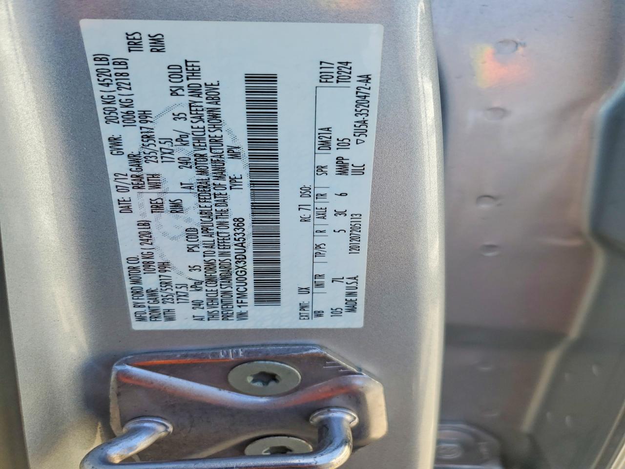 2013 Ford Escape Se Silver vin: 1FMCU0GX3DUA53368
