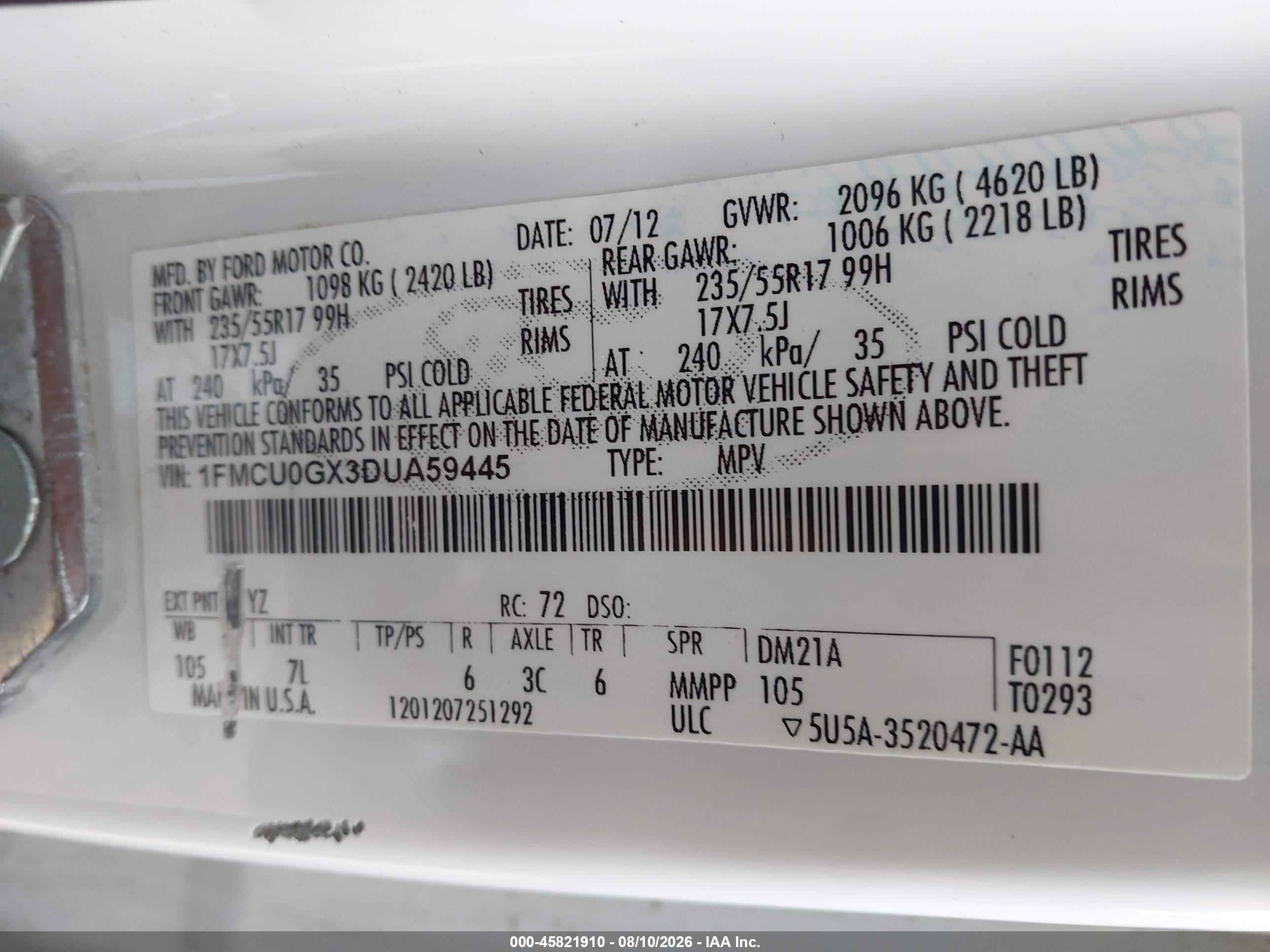 2013 Ford Escape Se White vin: 1FMCU0GX3DUA59445