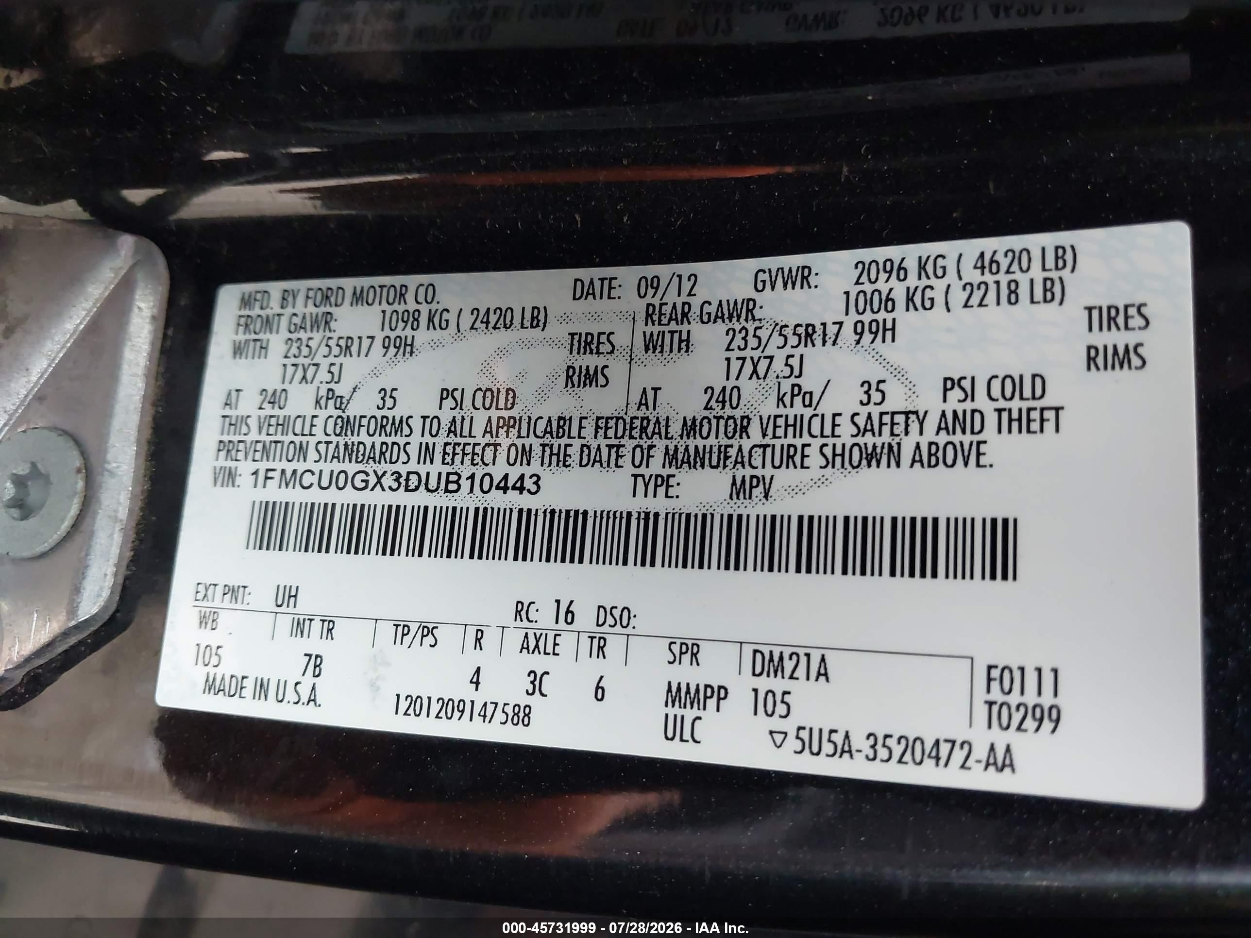 2013 Ford Escape Se Black vin: 1FMCU0GX3DUB10443